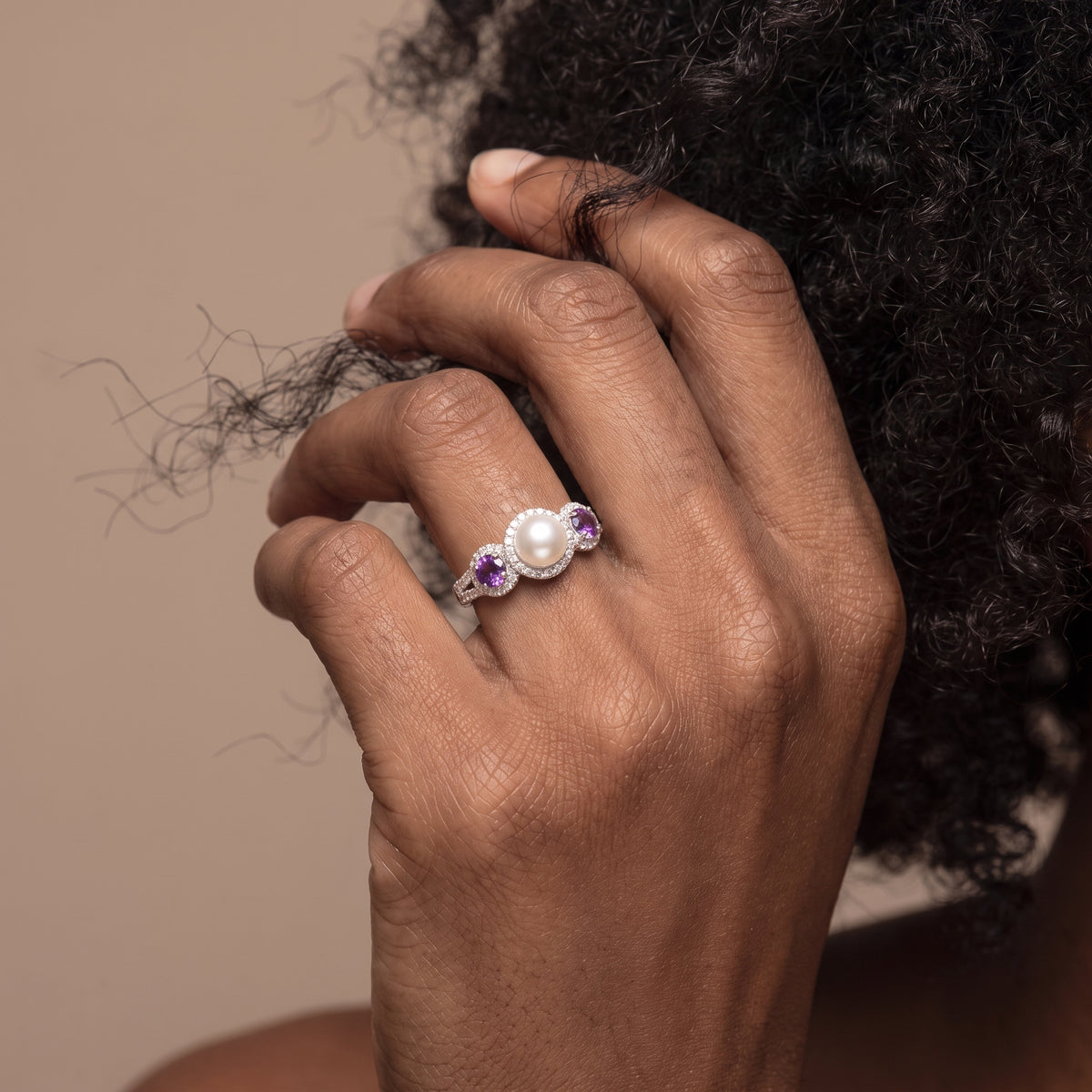 925 Sterling Silver Amethyst & Cultured Freshwater Pearl Halo Ring – February Birthstone