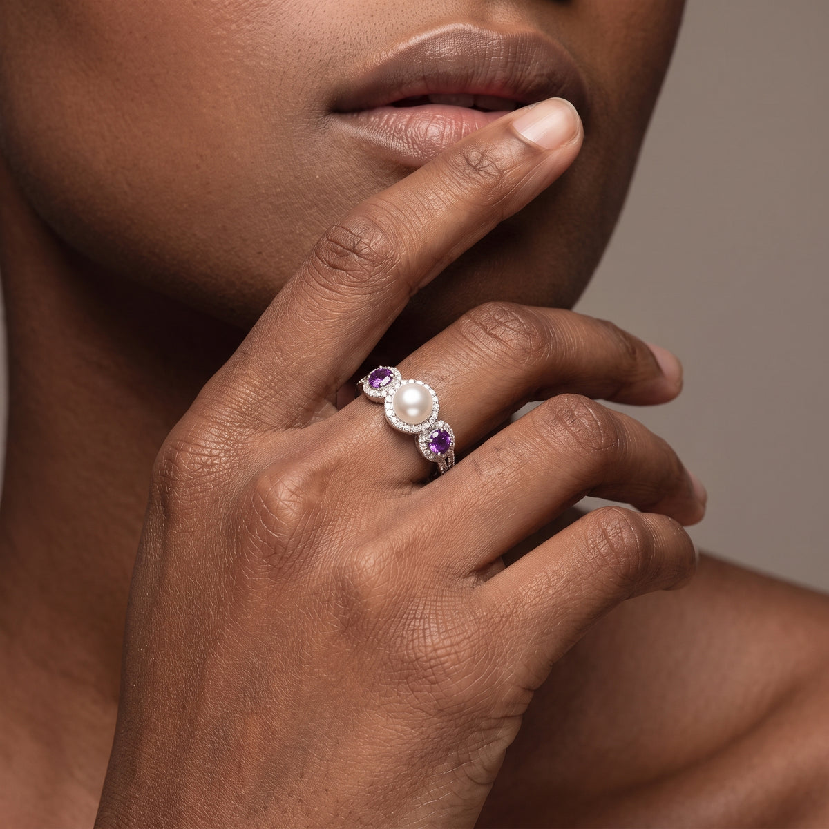 925 Sterling Silver Amethyst & Cultured Freshwater Pearl Halo Ring – February Birthstone
