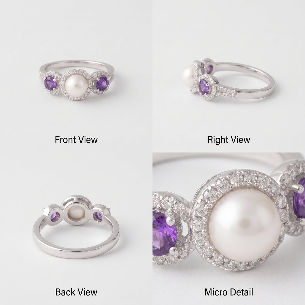 925 Sterling Silver Amethyst & Cultured Freshwater Pearl Halo Ring – February Birthstone