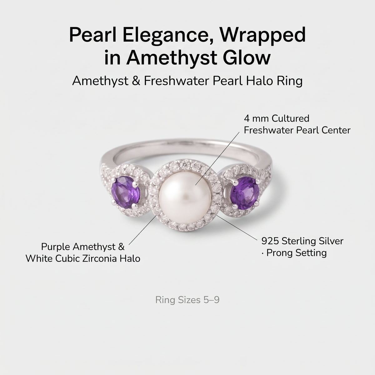 925 Sterling Silver Amethyst & Cultured Freshwater Pearl Halo Ring – February Birthstone