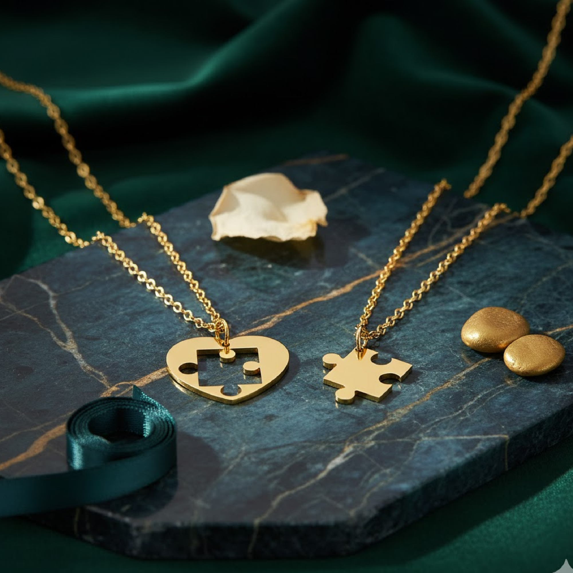 18K gold plated stainless steel puzzle piece couple necklace set side view