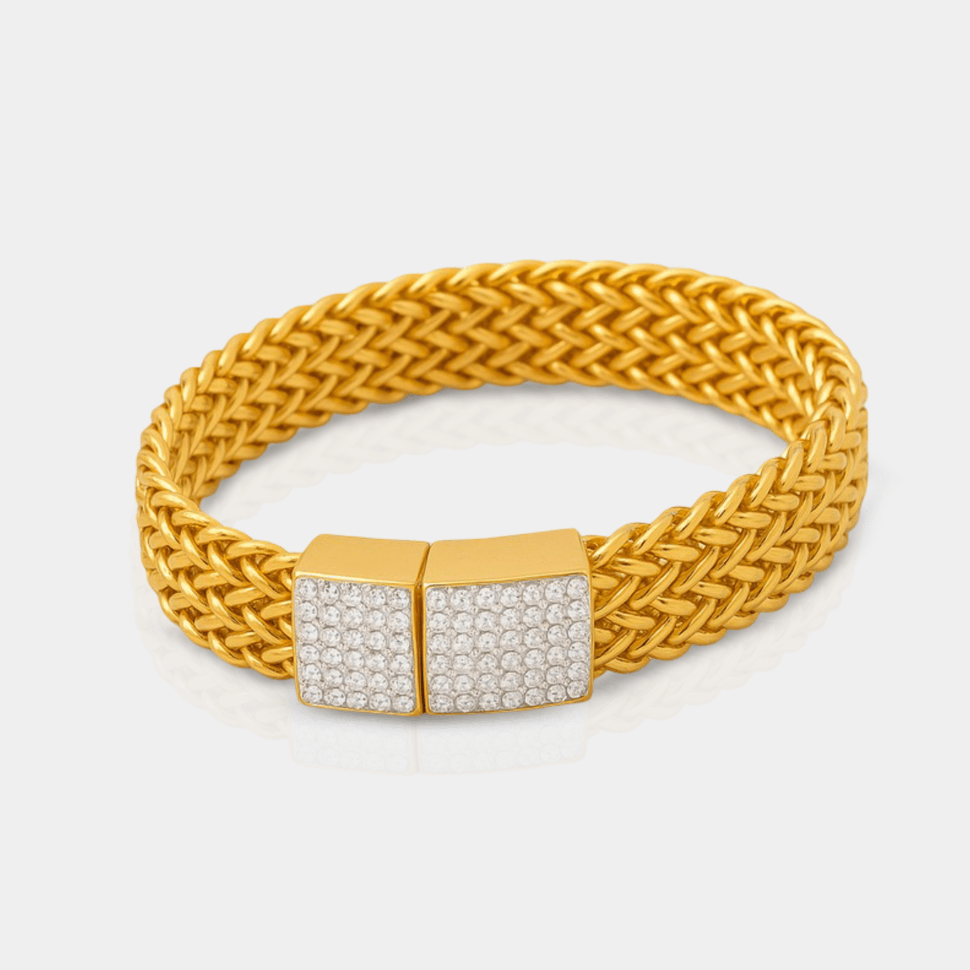 Detail of the woven mesh links on the gold-plated bracelet