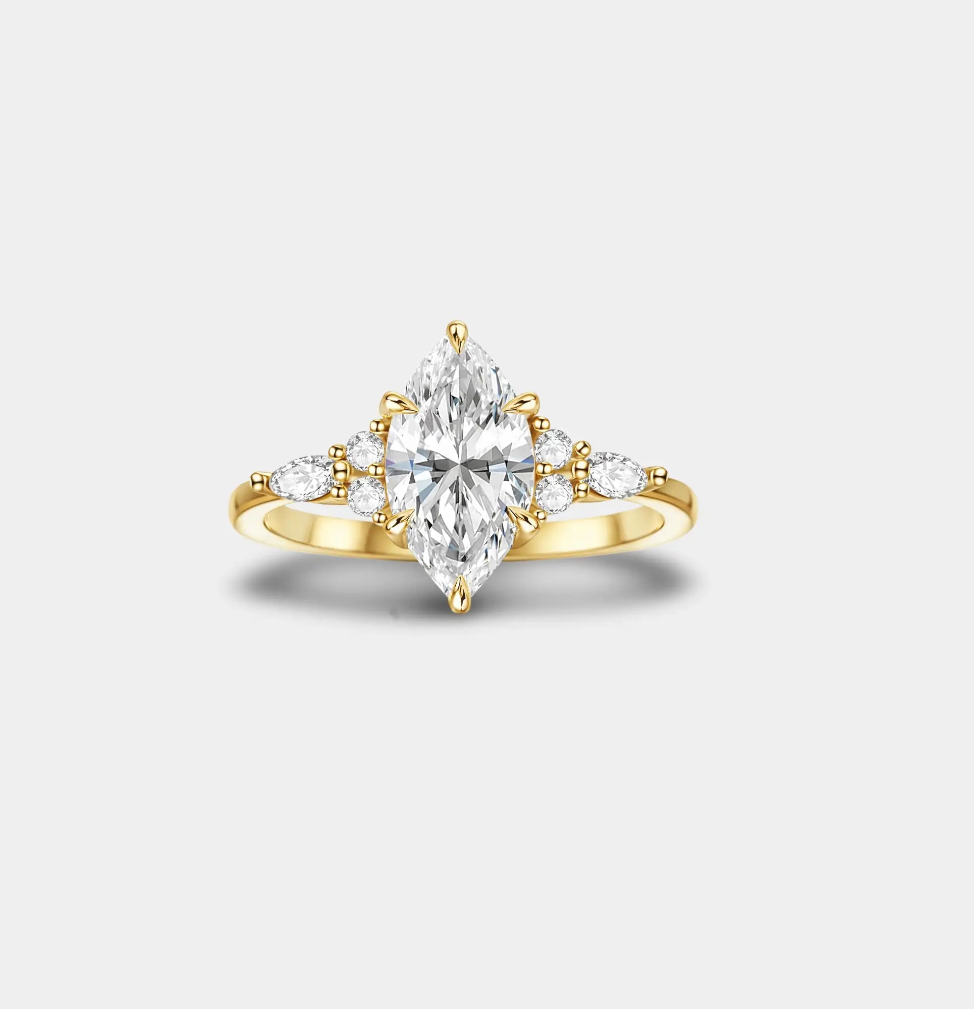 18K Gold Plated Dainty Marquise Engagement Ring | 2CT Zircon | Non-Tarnish - MH ELEGANCE - 18K gold plated dainty marquise engagement ring with 2CT zircon center stone and side accents, front view - Ring