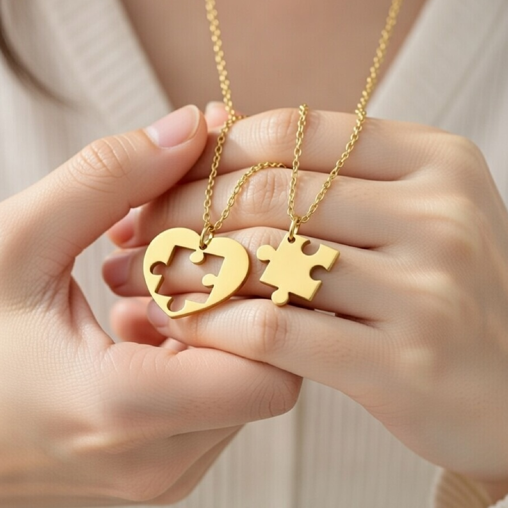 18K Gold Puzzle Piece Couple Necklaces | Matching Heart Pendants Stainless Steel - MH ELEGANCE - Close-up of 18K gold puzzle piece couple necklace heart pendant detail - Necklace