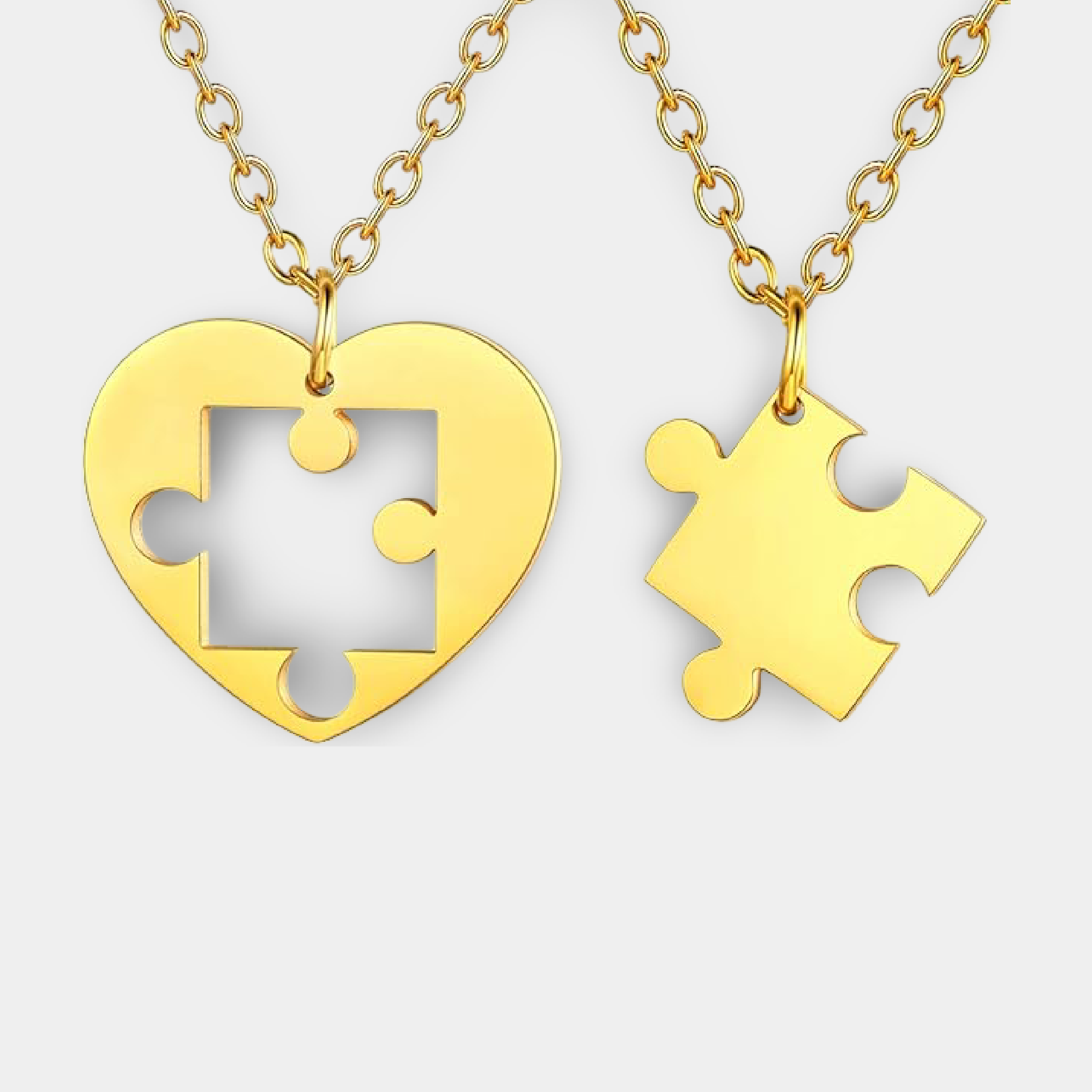 18K Gold Puzzle Piece Couple Necklaces | Matching Heart Pendants Stainless Steel - MH ELEGANCE - 18K gold plated puzzle piece couple necklaces with matching heart pendants from MH Elegance - Necklace