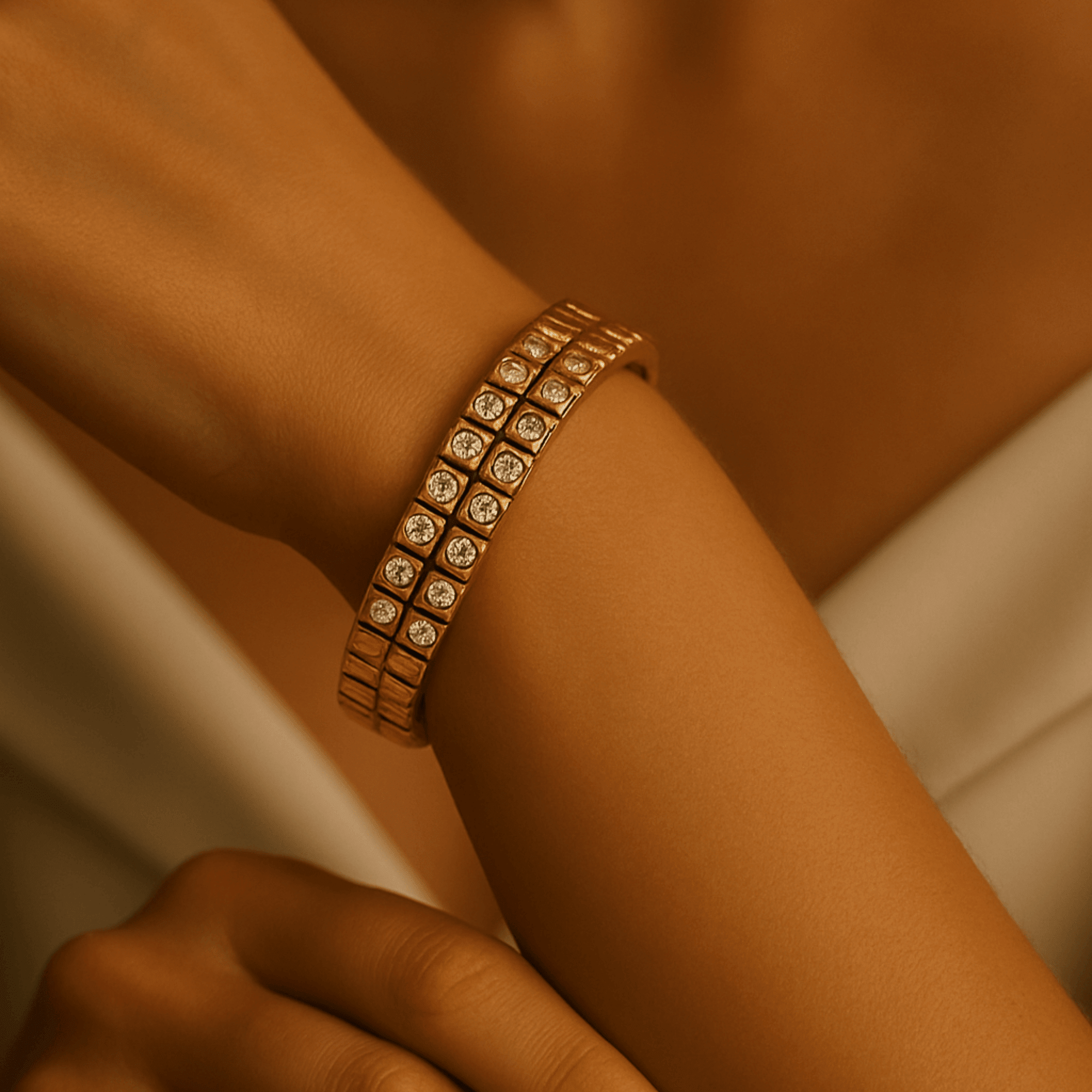 Close-up of CZ diamond inlay detail on 18K gold plated bangle bracelet – MH Elegance