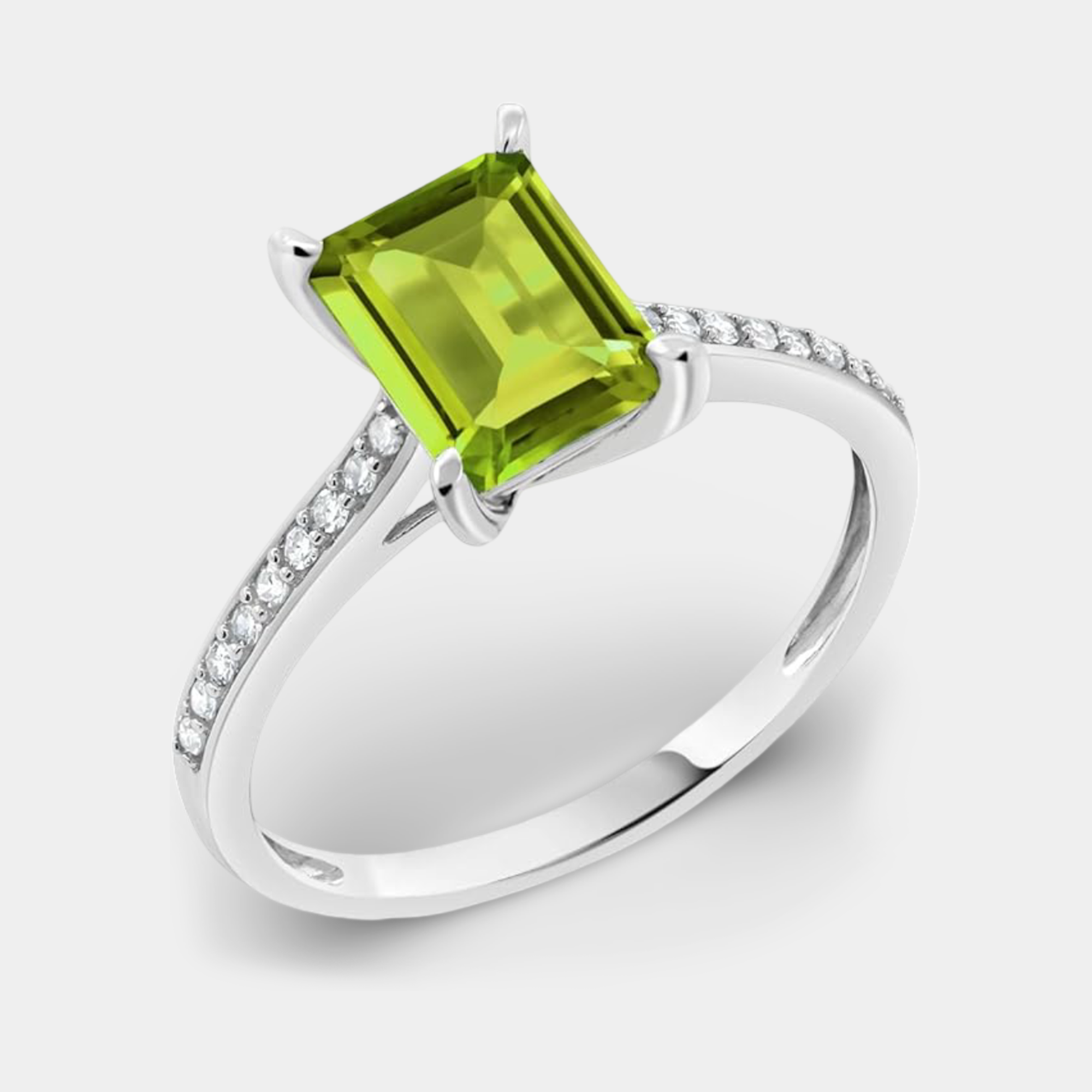 Emerald-Cut Peridot & Diamond Ring
