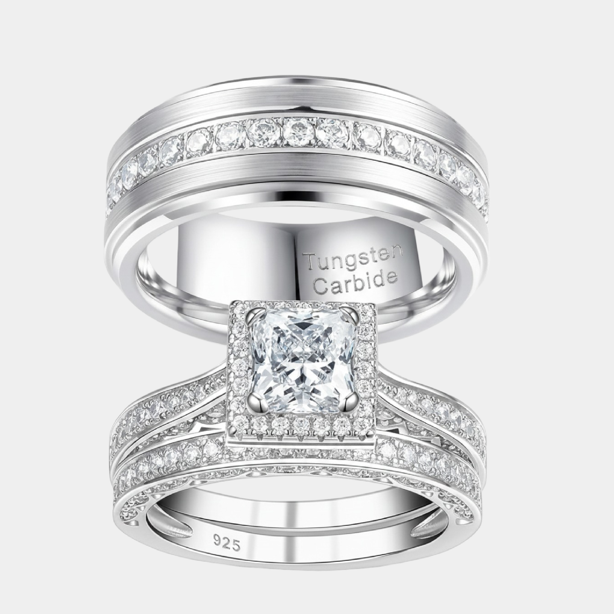 Sterling Silver & Tungsten Princess His & Hers Wedding Ring Set