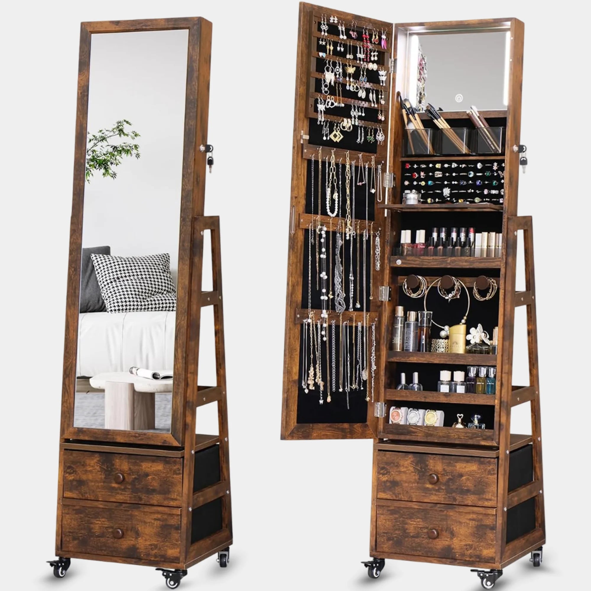 4 in 1 Rustic Brown Rotating Jewelry Cabinet