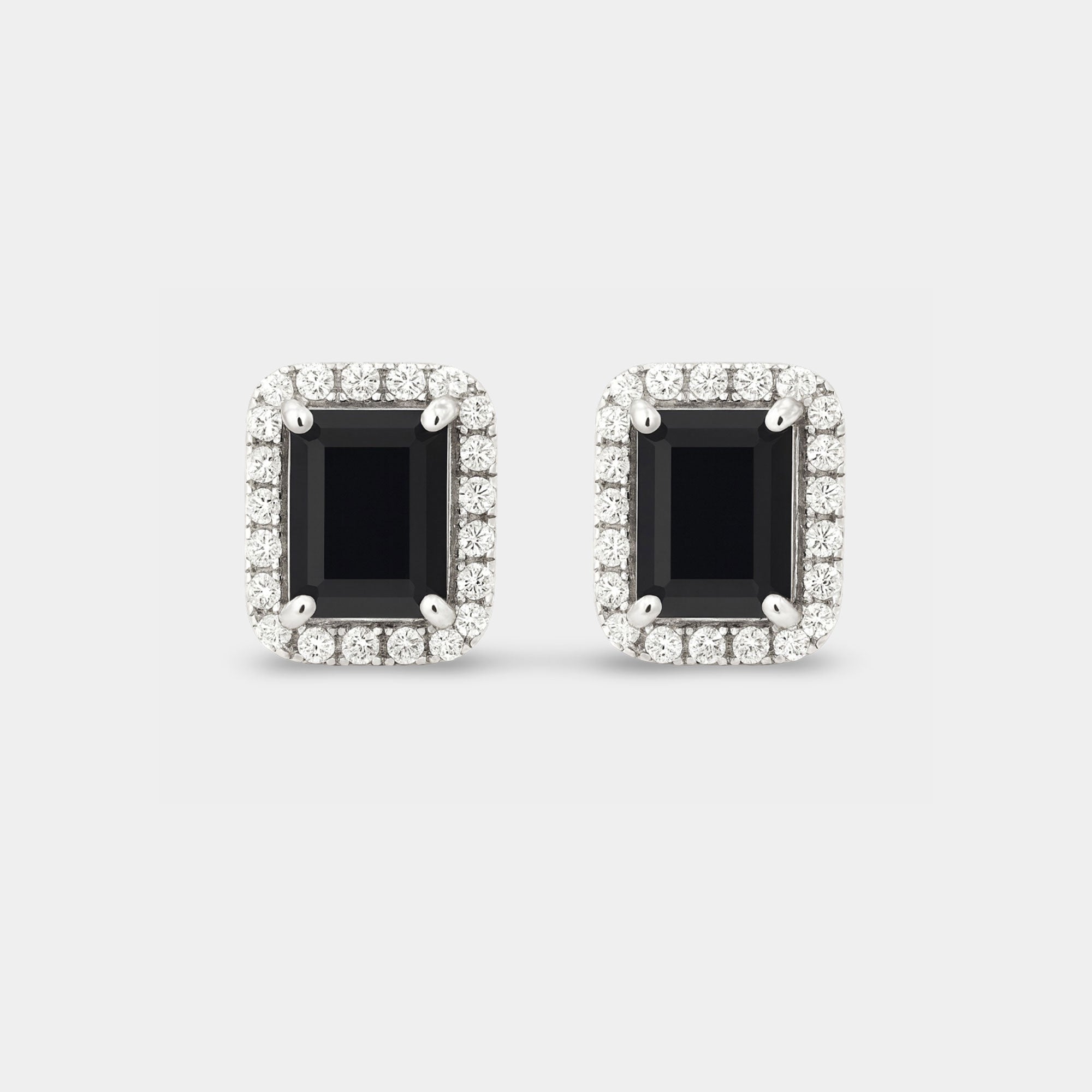 Emerald-Cut Onyx Halo Stud Earrings