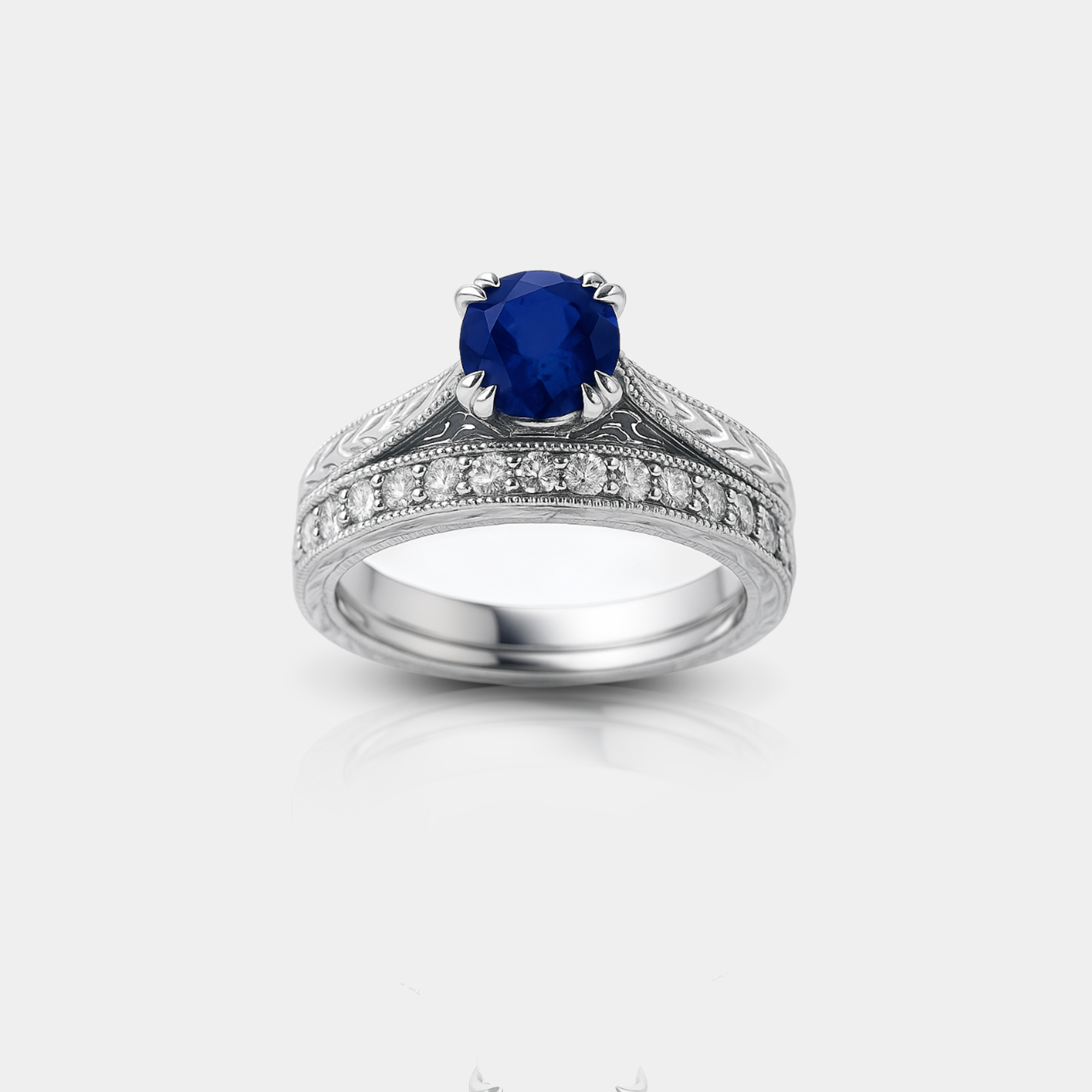 Sapphire and Diamond Vintage Ring Set in 14K White Gold - MH Elegance Bridal Collection