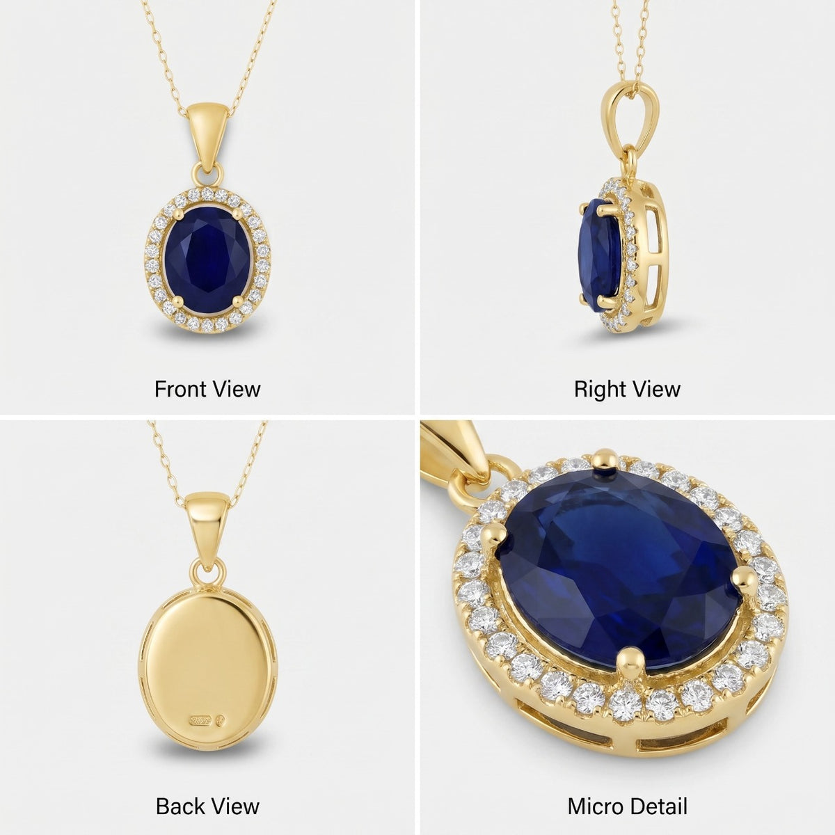 A four-panel product collage showing a gold pendant necklace with a deep oval blue gemstone surrounded by small clear stones, labeled Front View, Right View, Back View, and Micro Detail on a light gray background.