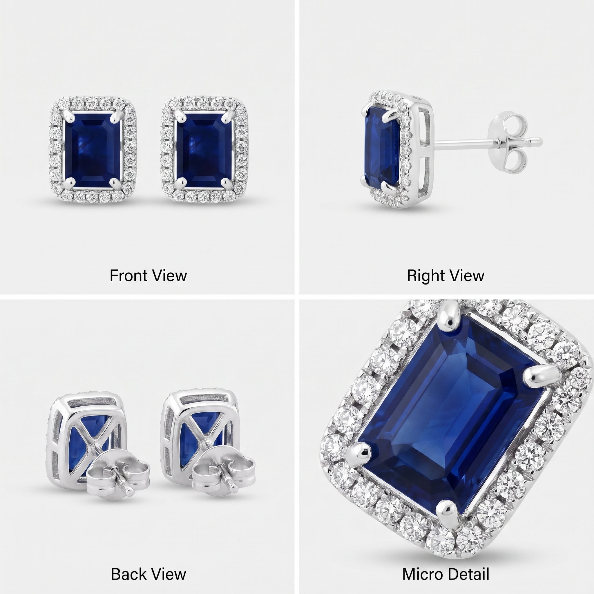 A four-panel product collage showing a pair of rectangular stud earrings from multiple angles: front view, right side view, back view, and a close-up micro detail. The earrings have deep blue rectangular stones surrounded by small clear stones in a silver-toned setting, with the posts and butterfly backs visible in the side and back views.
