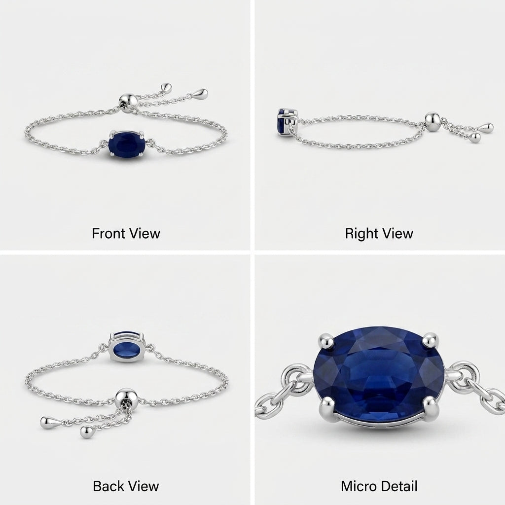 A four-panel product collage showing a silver-tone chain bracelet with an oval deep blue gemstone from multiple angles: Front View, Right View, Back View, and Micro Detail, on a light gray background.