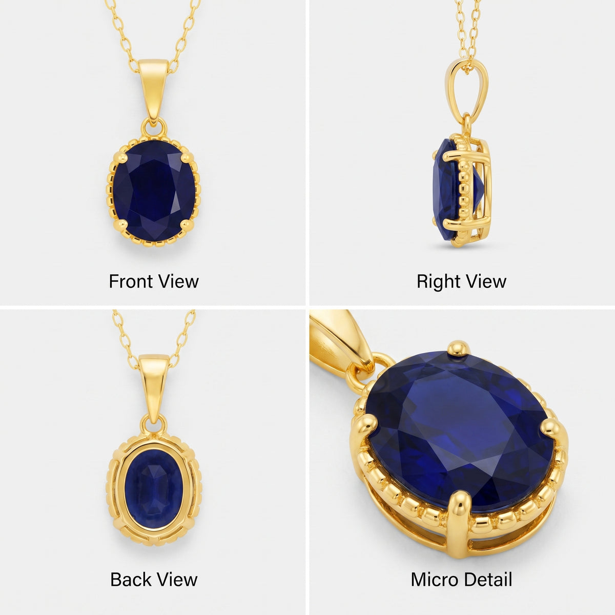 Four-panel product collage showing a gold pendant necklace with a deep blue oval faceted gemstone from multiple angles: Front View, Right View, Back View, and Micro Detail, on a light gray background.