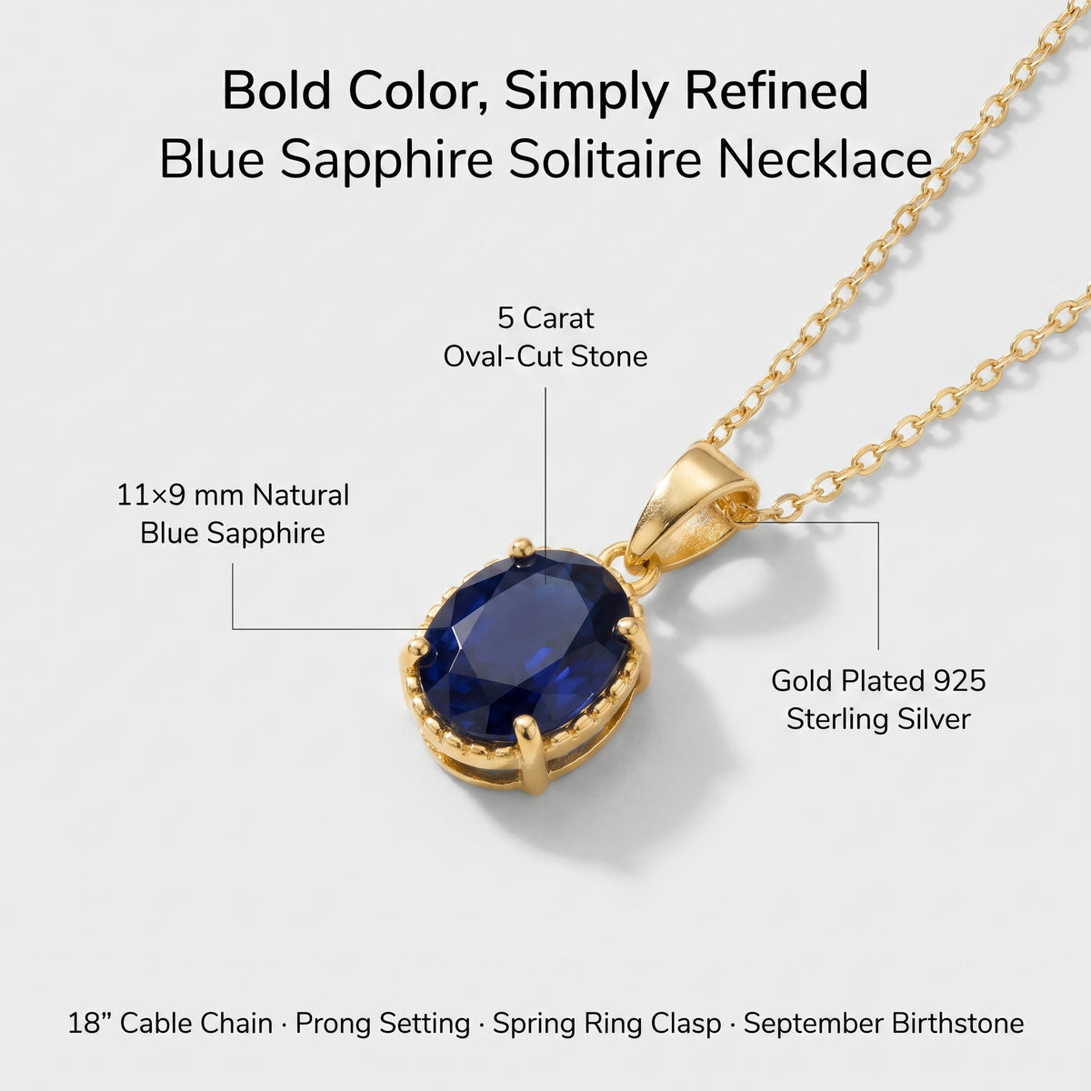 Gold-plated blue sapphire solitaire necklace with a 5 carat oval-cut stone, shown on a light gray background with text detailing the necklace's specifications.