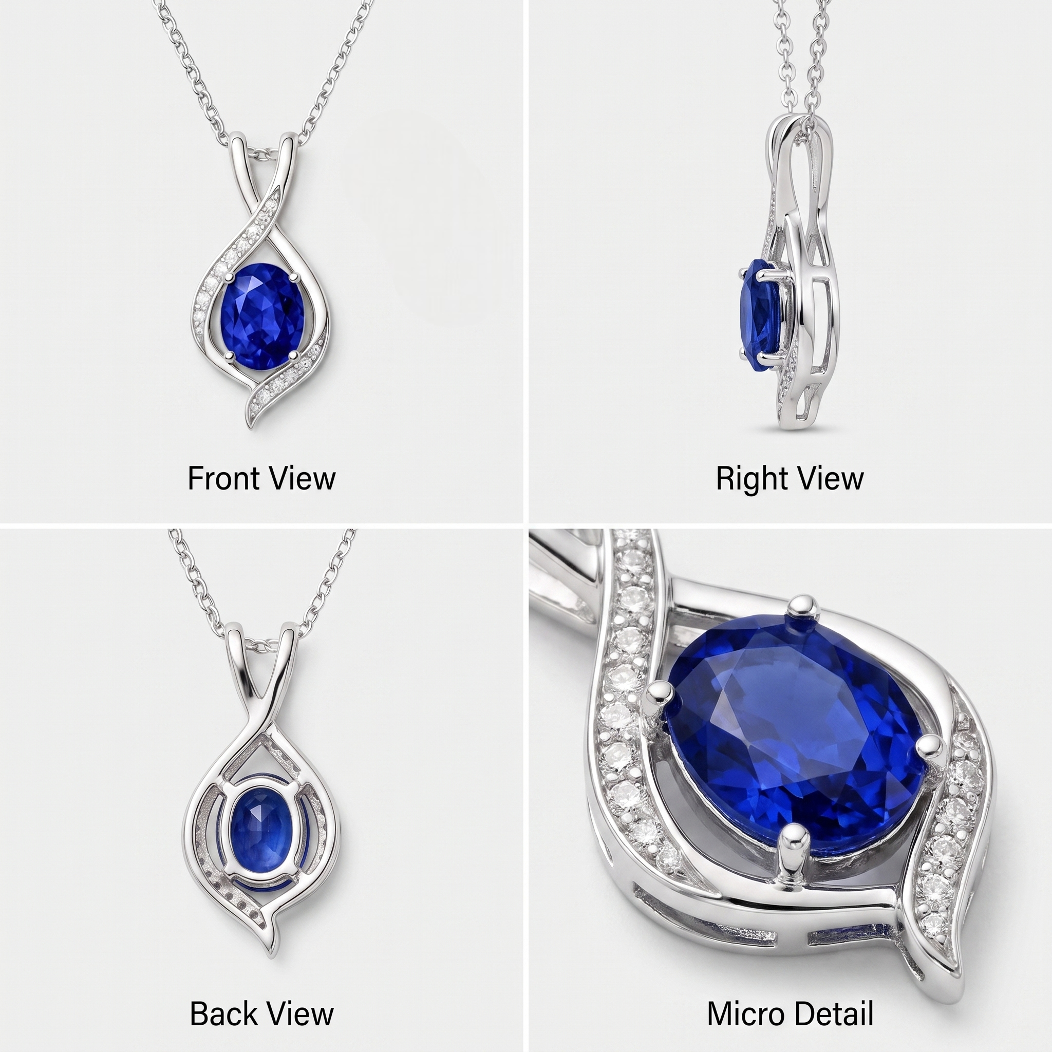 Front, right, back, and micro detail views of the oval blue sapphire pendant necklace