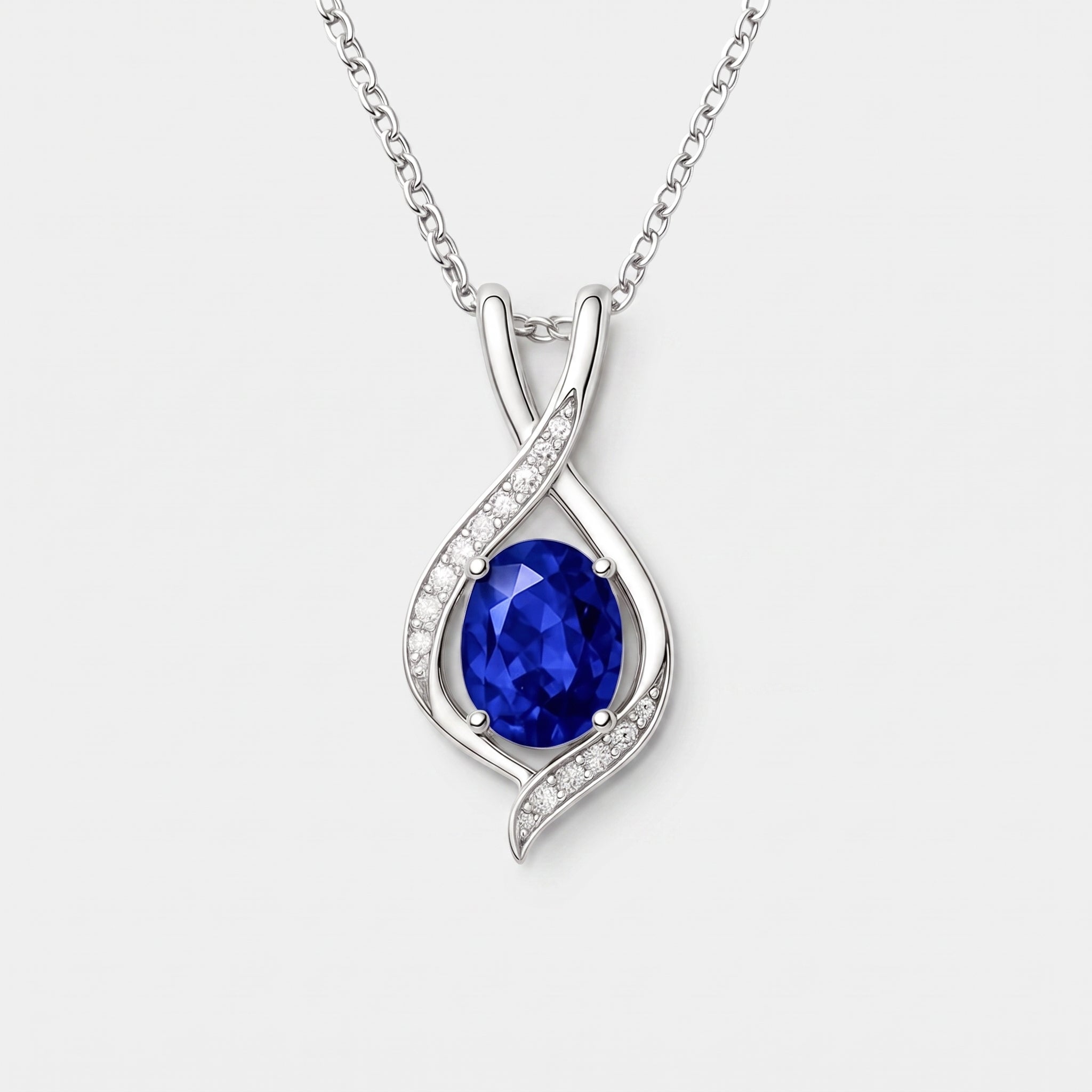 Oval blue sapphire pendant necklace in 925 sterling silver with CZ accent stones