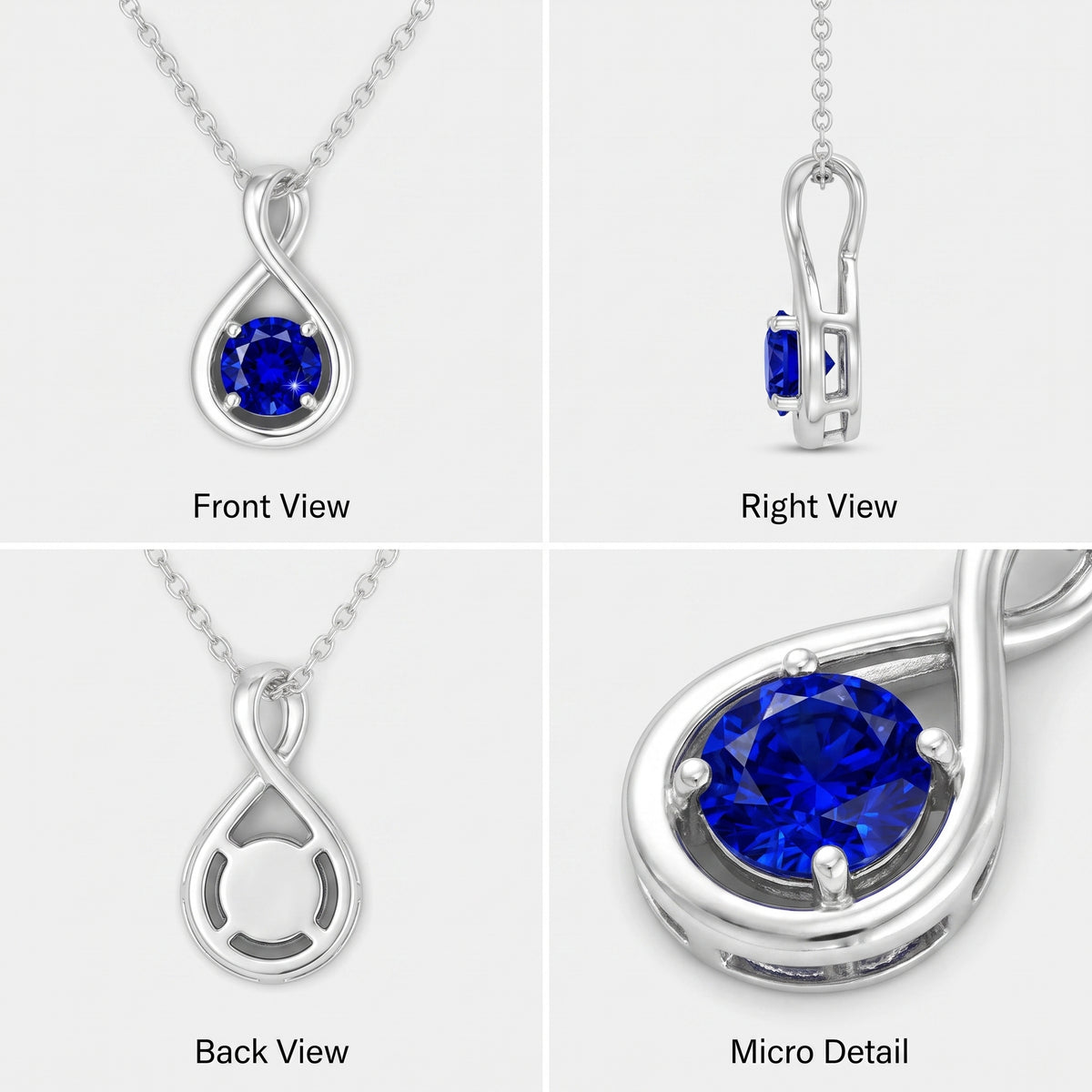 Four-panel product collage showing a silver teardrop pendant necklace with a round deep blue gemstone from the front, right side, back, and a close-up micro detail view on a light gray background.