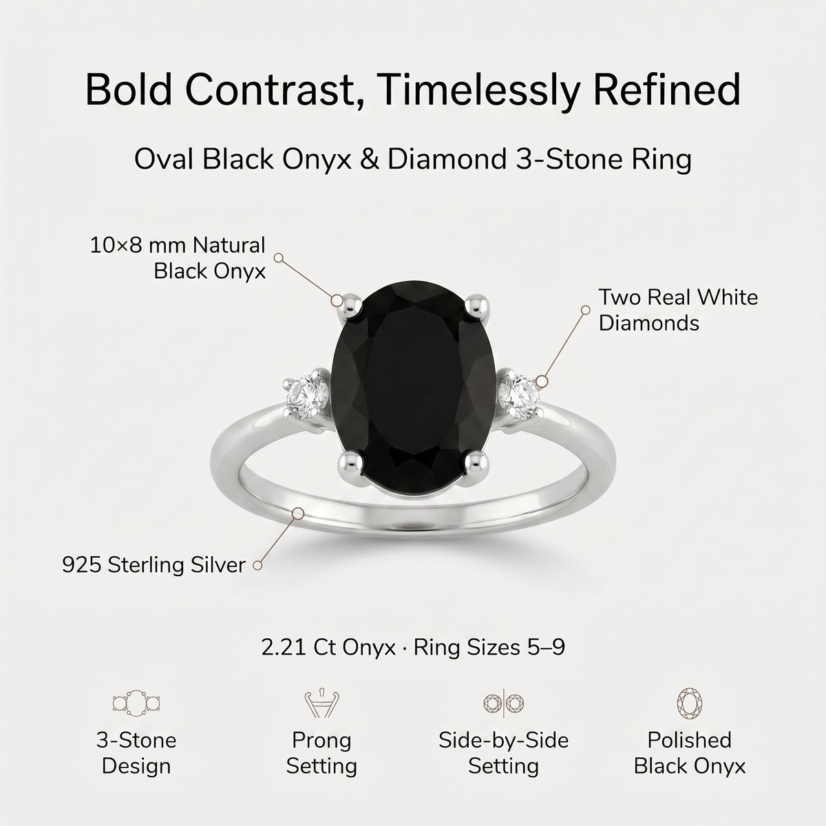 Bague Ovale Onyx et Diamants 3 Pierres