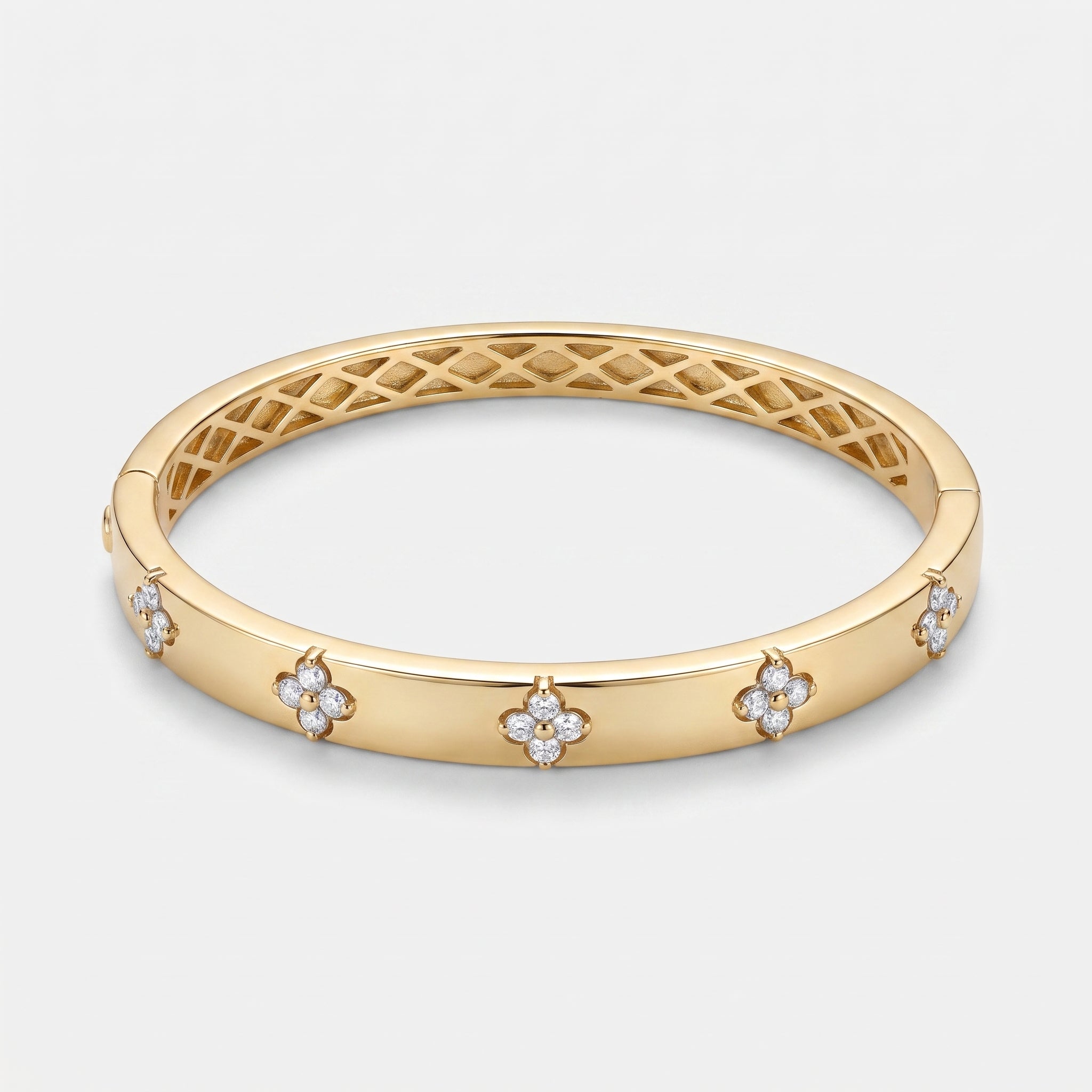 Gold Plated Four Leaf Clover Bangle Bracelet with Moissanite | Lucky Gift for Her