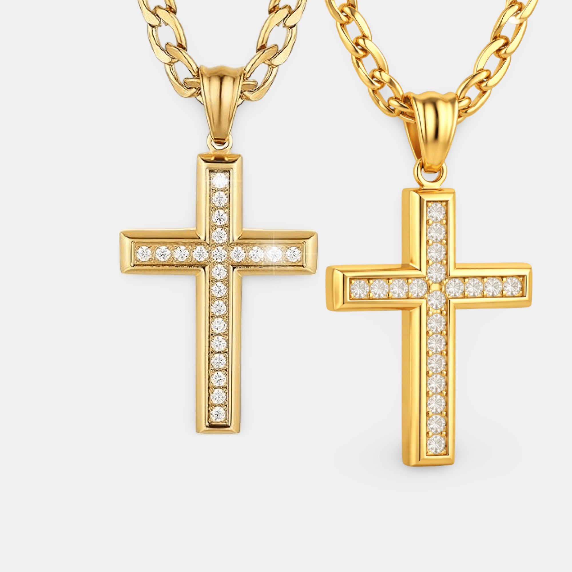 Close view of the prong-set cubic zirconia on the gold plated cross necklace