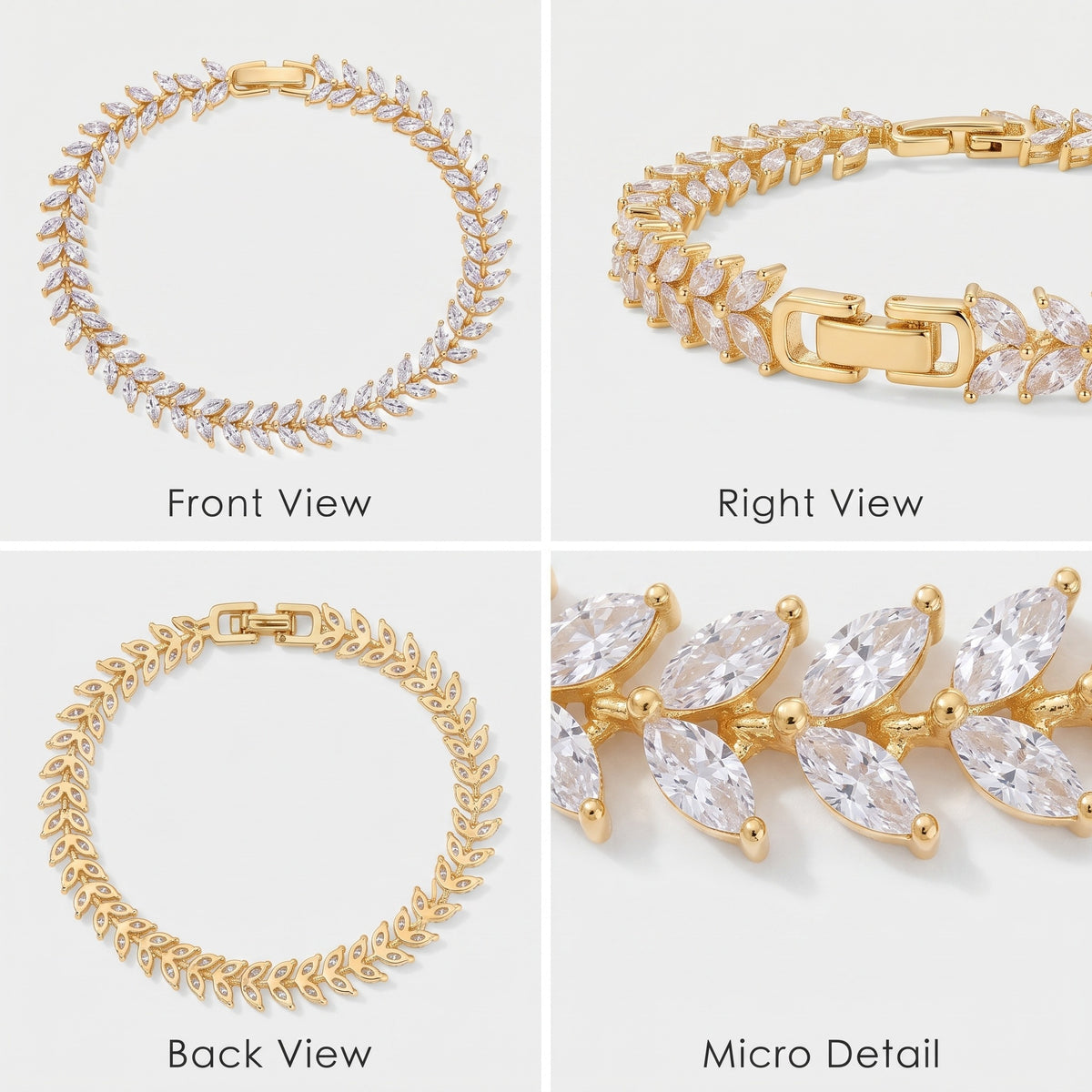 A four-panel product collage showing a gold tennis-style bracelet with clear marquise and oval stones from multiple angles: Front View, Right View, Back View, and Micro Detail. The background is a very light neutral gray.