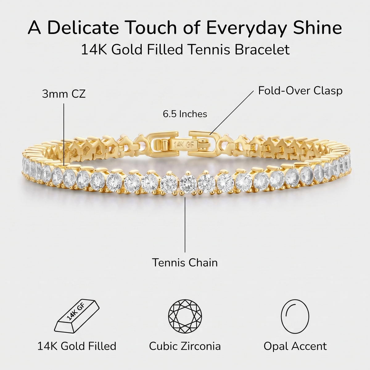 A 14K gold tennis bracelet with clear cubic zirconia stones, shown on a light gray background with text callouts and feature icons. The image highlights the 3mm CZ bezel, 6.