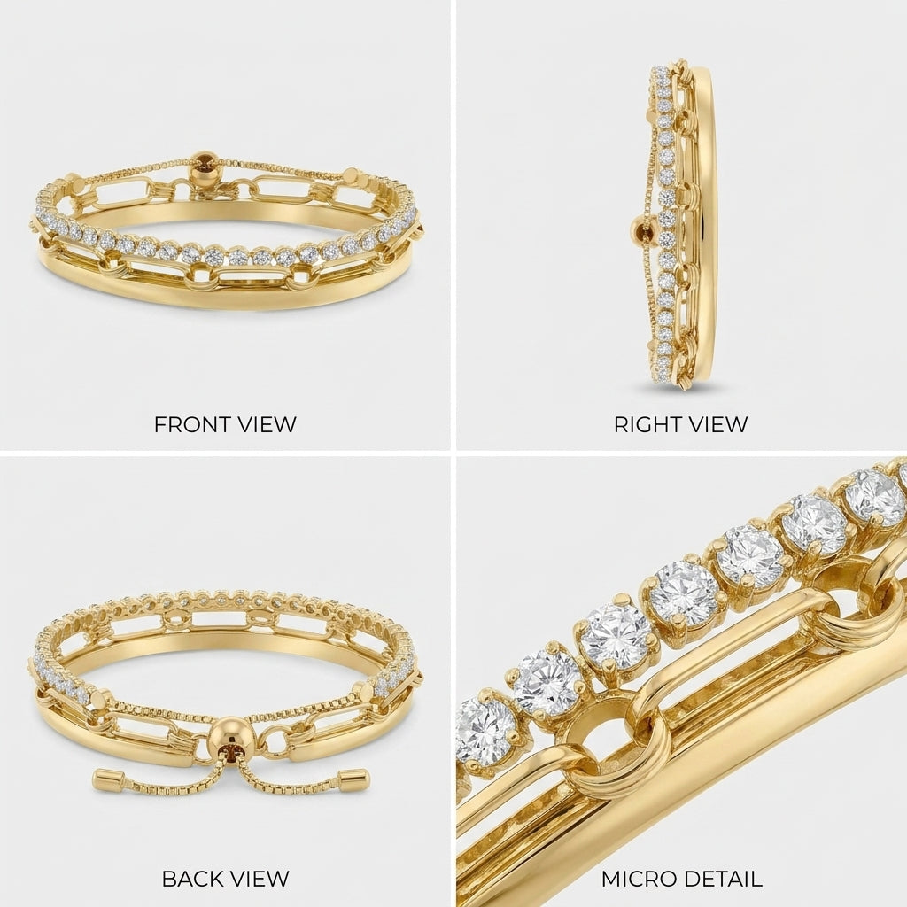 A four-panel product collage showing a gold ring from multiple angles: front view, right view, back view, and a close-up micro detail. The ring has a yellow-gold chain and bar design with multiple clear stones.