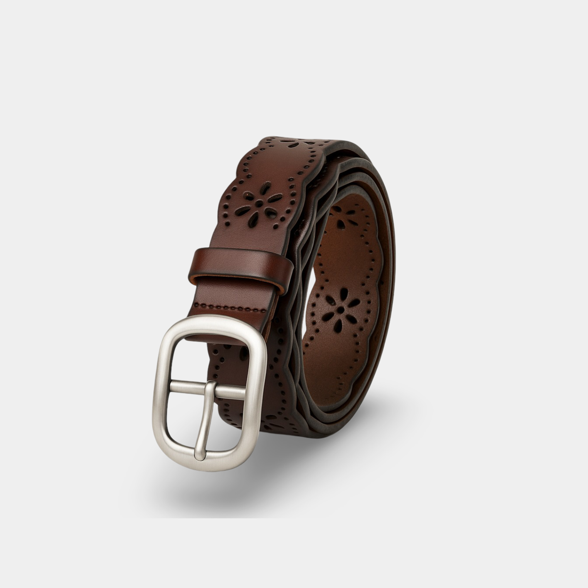 Women's hollow flower leather belt featuring hand-carved sculptural floral design in premium Italian leather with artistic dimension