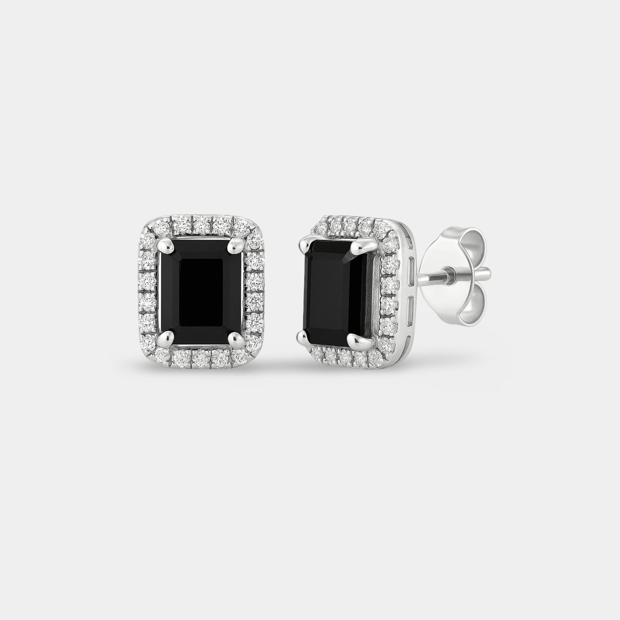 Emerald-Cut Onyx Halo Stud Earrings