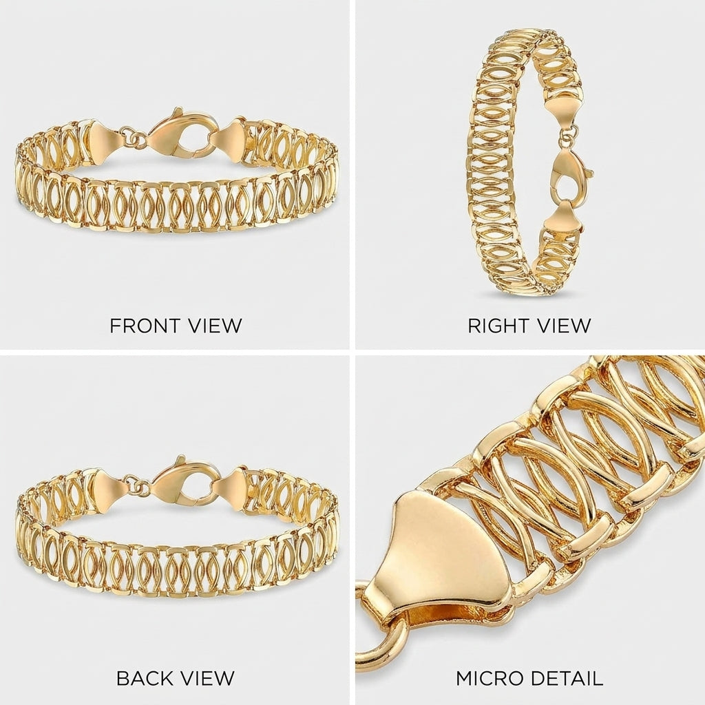 A four-panel product collage showing a gold-toned chain bracelet from multiple angles: front view, right view, back view, and a close-up micro detail. The bracelet has an openwork interlocking chain design with a lobster clasp closure, set against a light gray background.