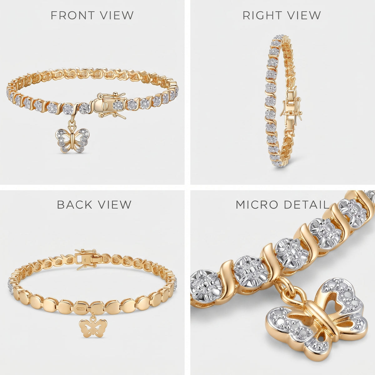 A four-panel jewelry collage showing a gold tennis bracelet with clear stones and a butterfly charm from multiple angles: front view, right view, back view, and micro detail. The panels are labeled with text headers and are set on a light gray background.