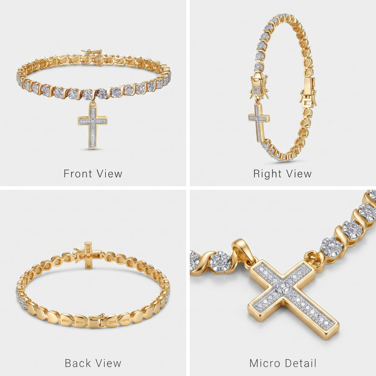 A four-panel product collage showing a gold cross pendant bracelet from multiple angles: Front View, Right View, Back View, and Micro Detail. The bracelet features a yellow-gold chain with clear pavé-set stones and a matching cross pendant.