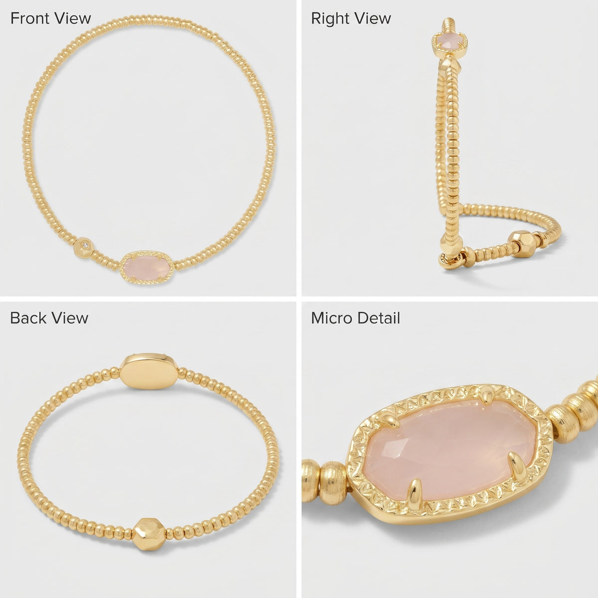 A four-panel product collage showing a gold beaded bracelet from multiple angles: Front View, Right View, Back View, and Micro Detail. The bracelet has a small oval pale pink stone set in a gold border.