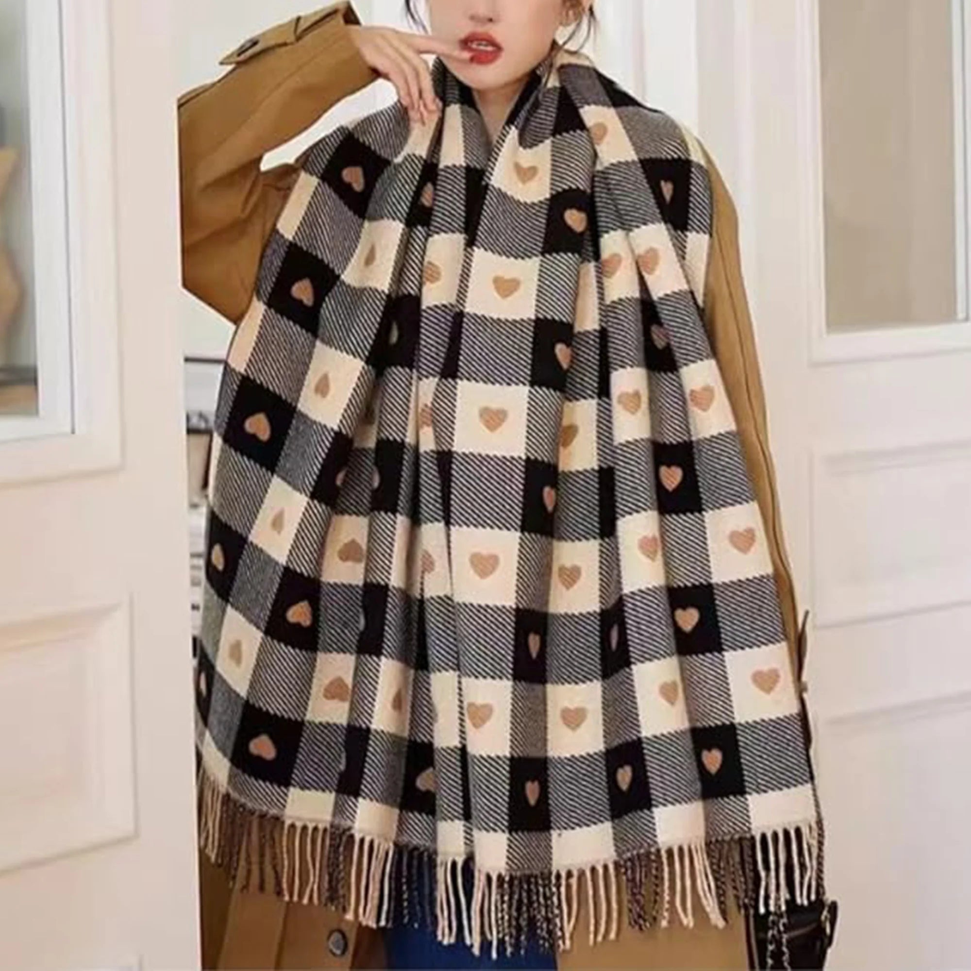 Cute Heart Graphic Plaid Scarf