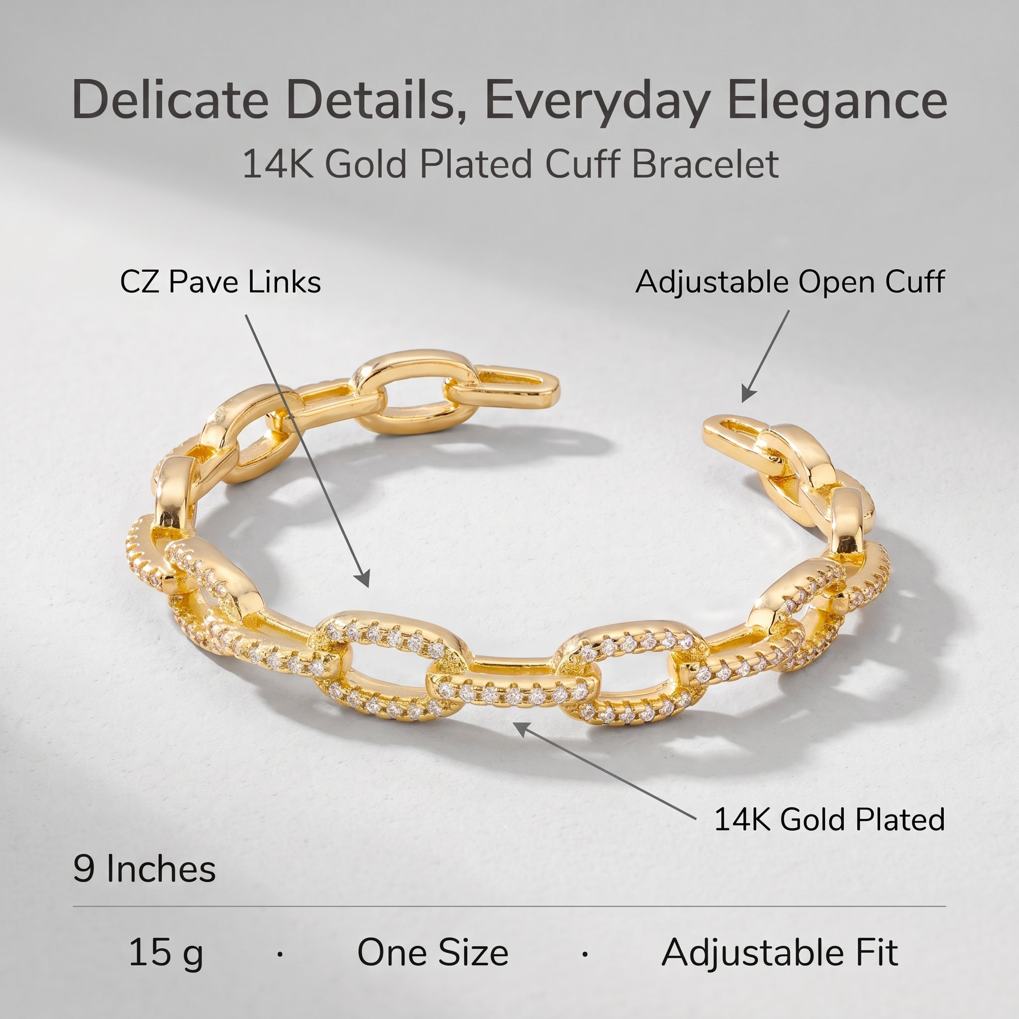 Diagram of the CZ pave links, adjustable open cuff and 14K gold plating
