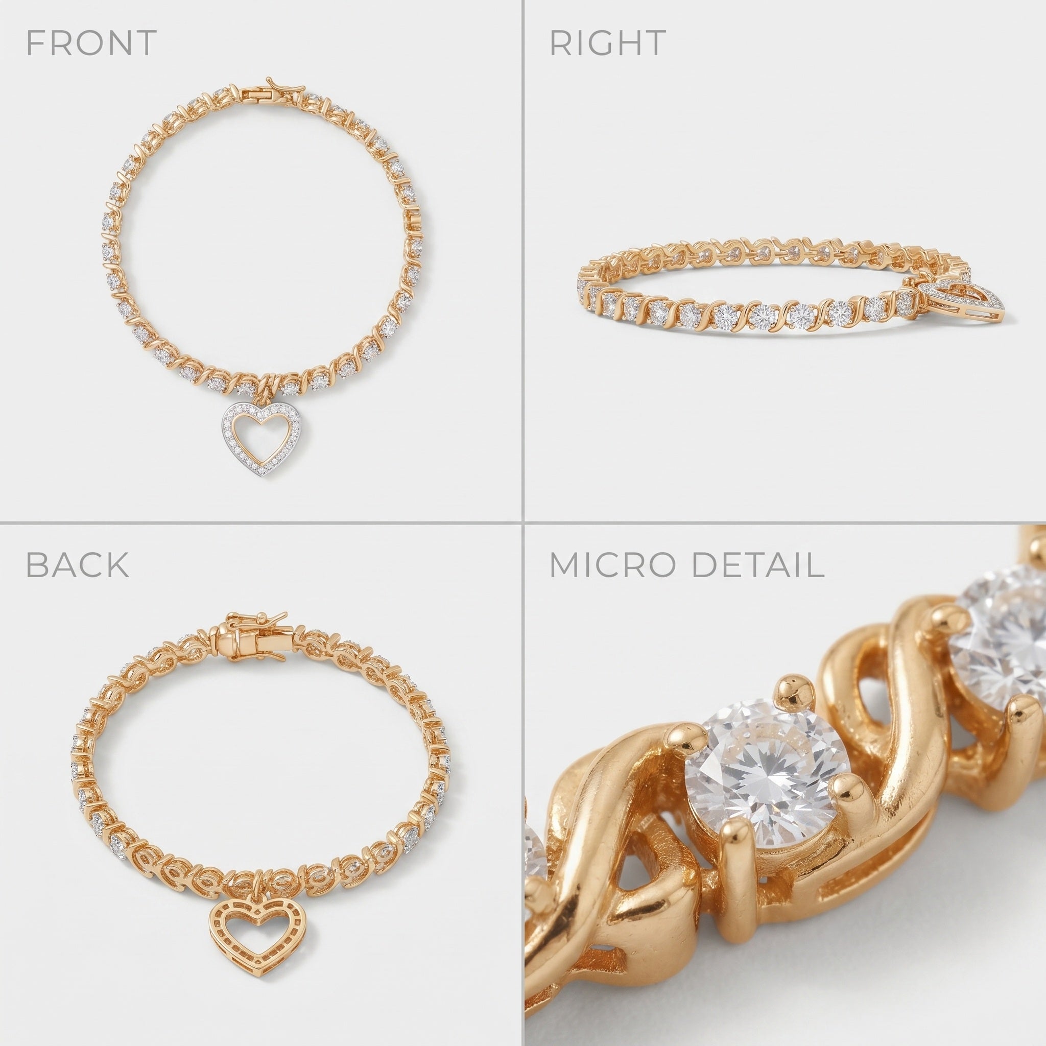 Front, side, back and close-up views of the heart charm tennis bracelet