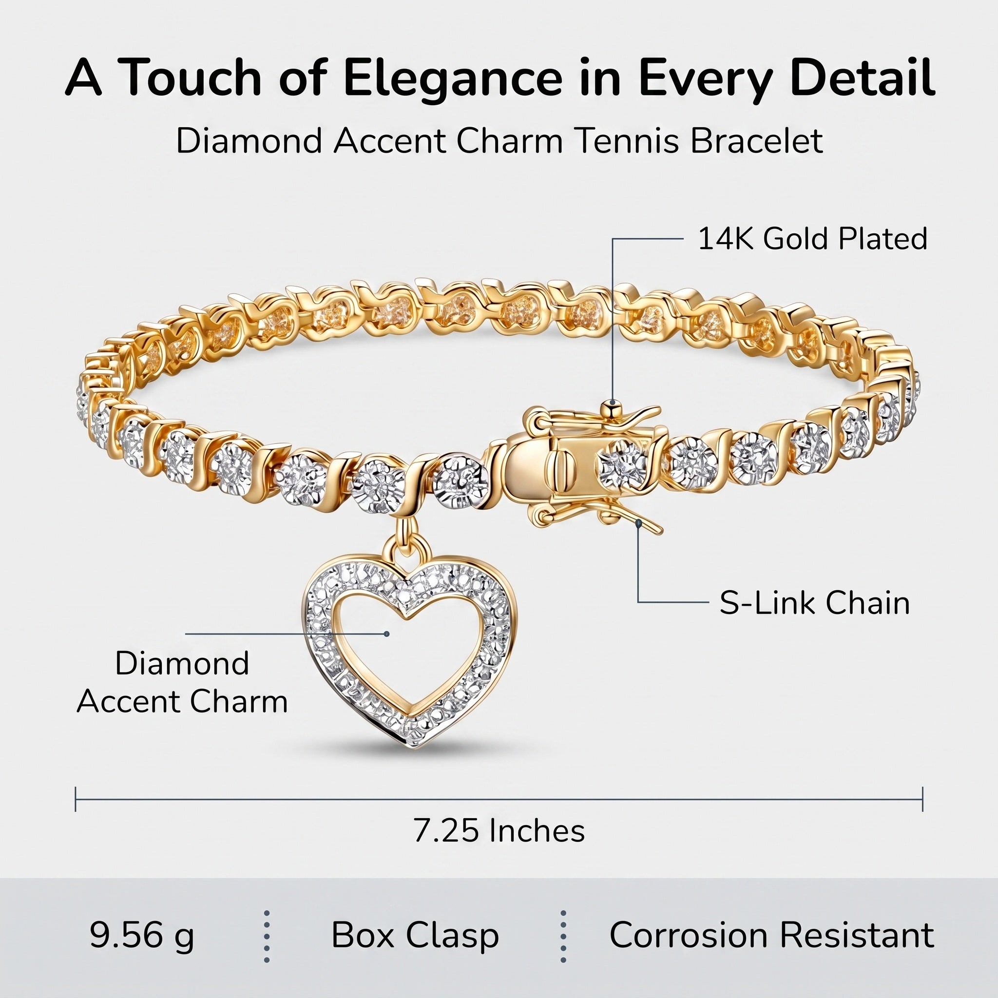 Diagram of the 14K gold plating, S-link chain and diamond accent heart charm