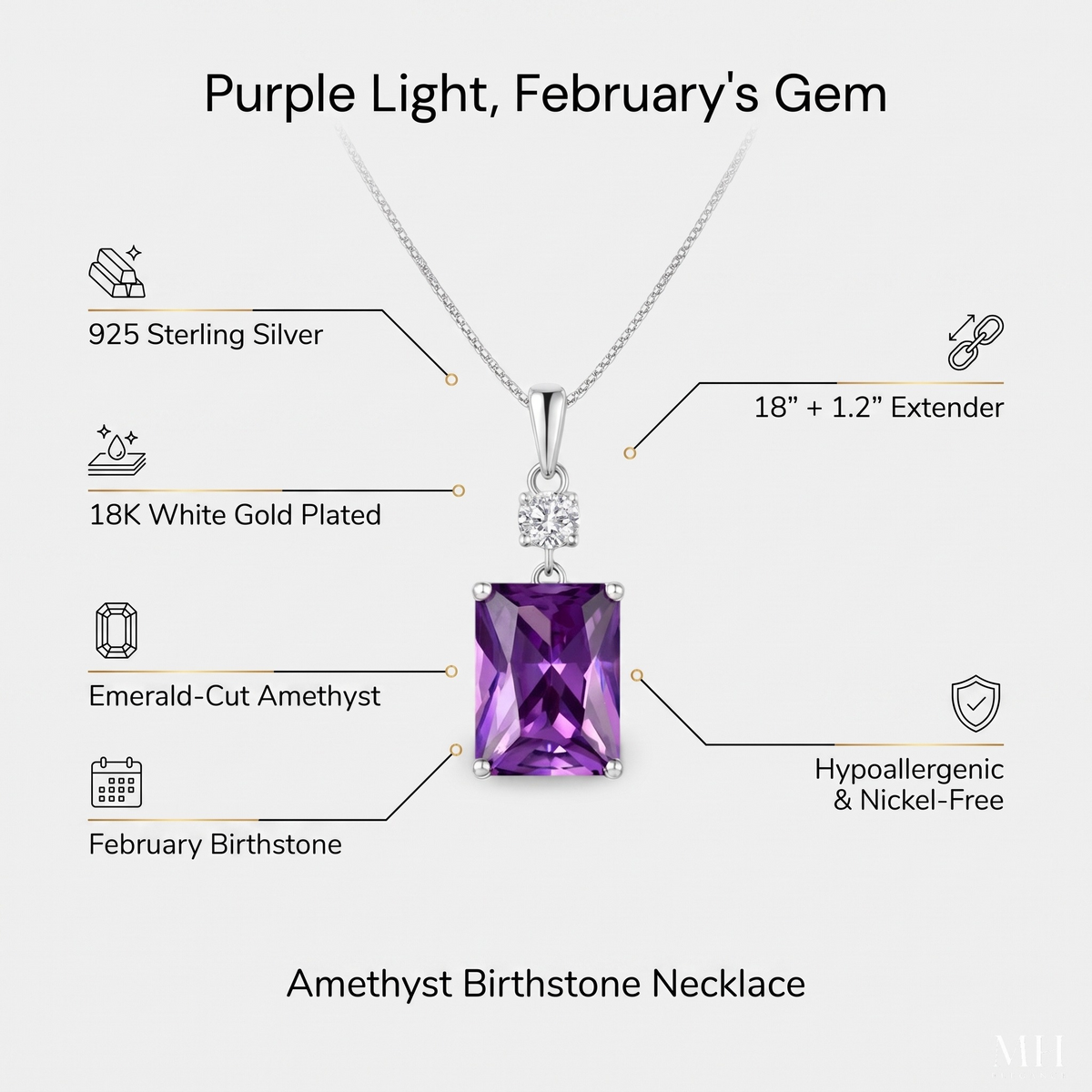 Amethyst Birthstone Necklace | Sterling Silver 18K White Gold Plated – MH Elegance