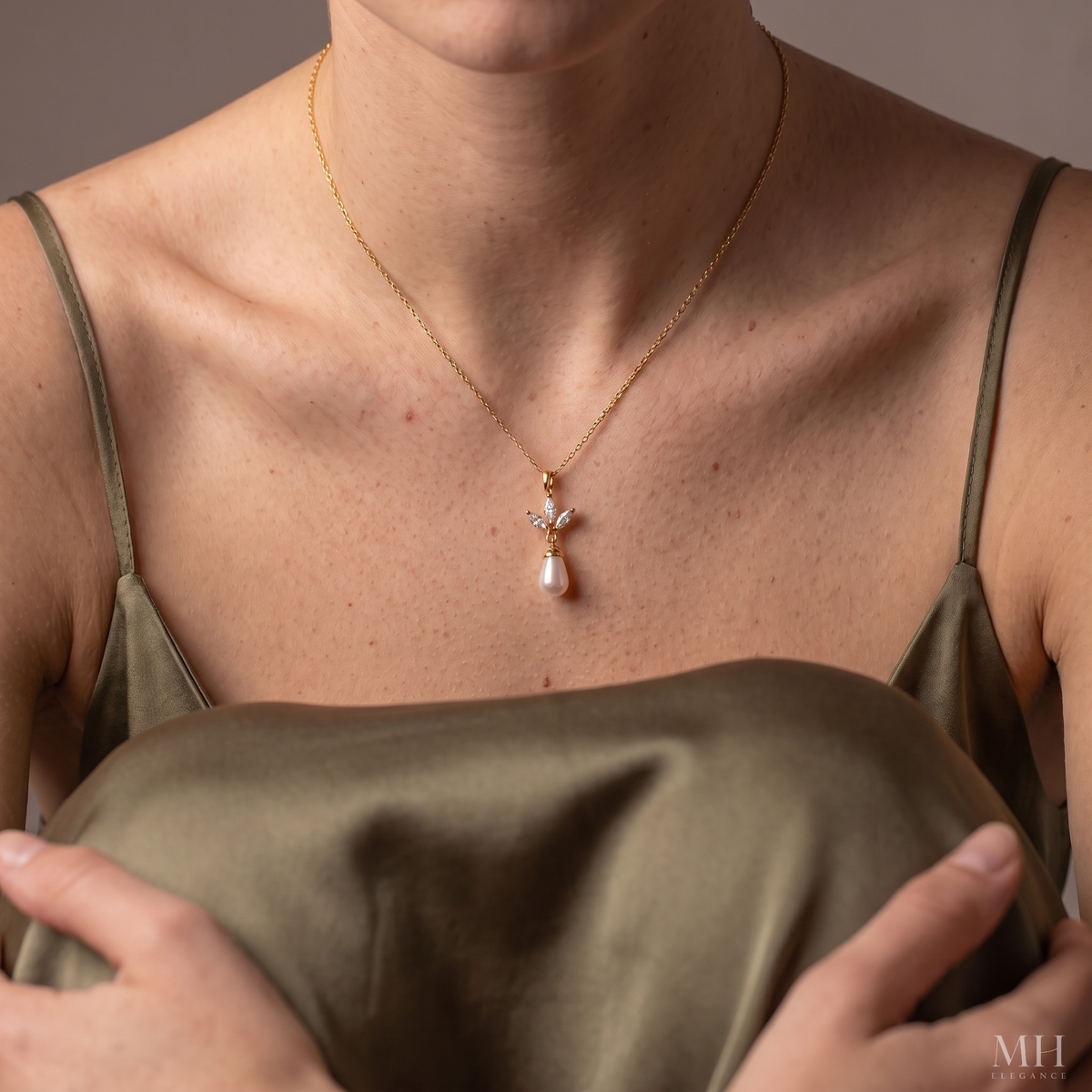 Leaf and Pearl Pendant Necklace | 14K Gold Plated Marquise CZ & Pearl – MH Elegance