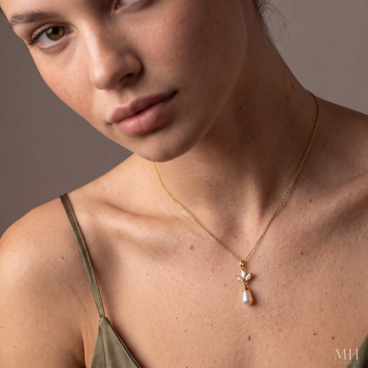 Leaf and Pearl Pendant Necklace | 14K Gold Plated Marquise CZ & Pearl – MH Elegance