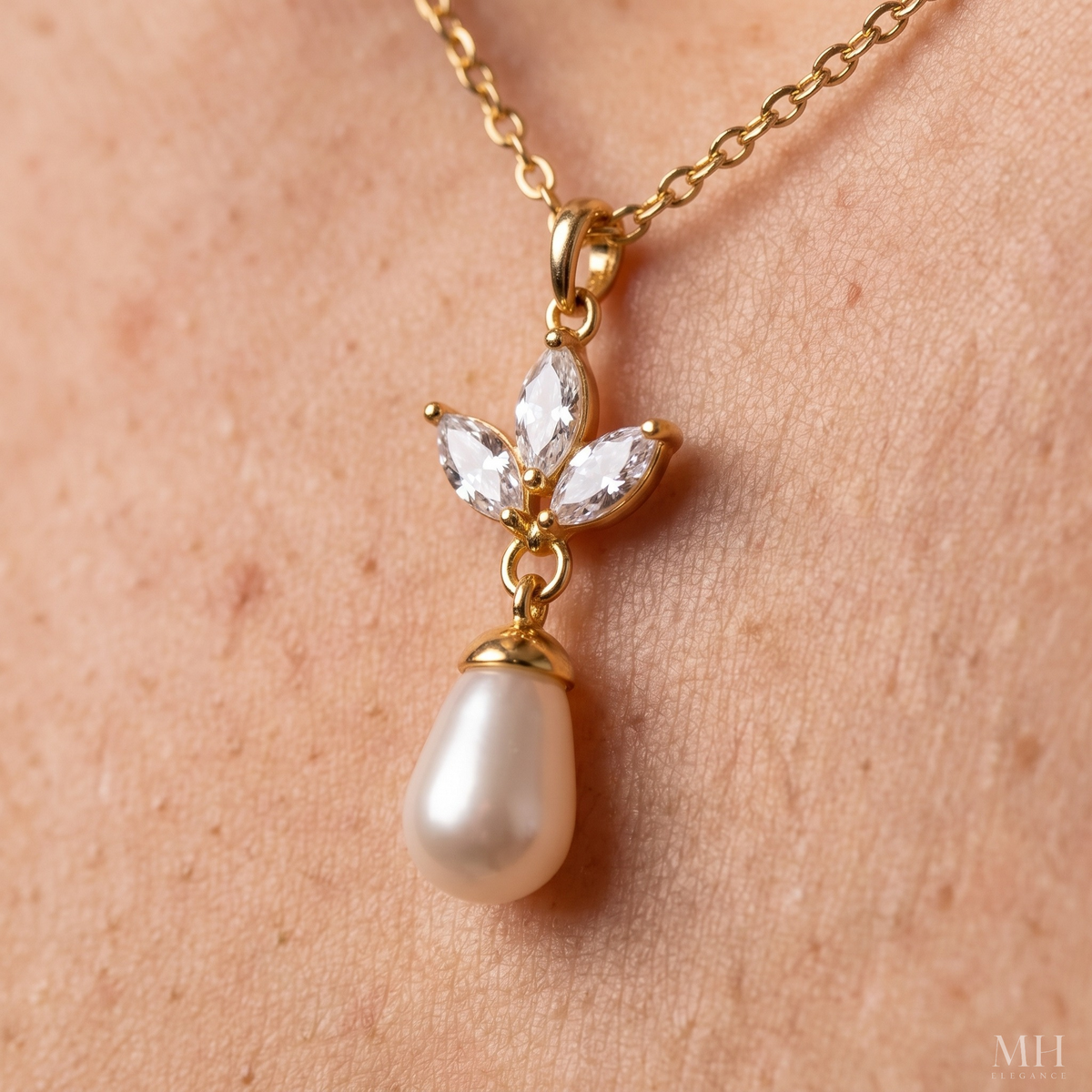 Leaf and Pearl Pendant Necklace | 14K Gold Plated Marquise CZ & Pearl – MH Elegance