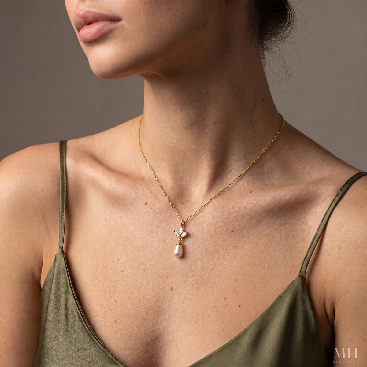 Leaf and Pearl Pendant Necklace | 14K Gold Plated Marquise CZ & Pearl – MH Elegance