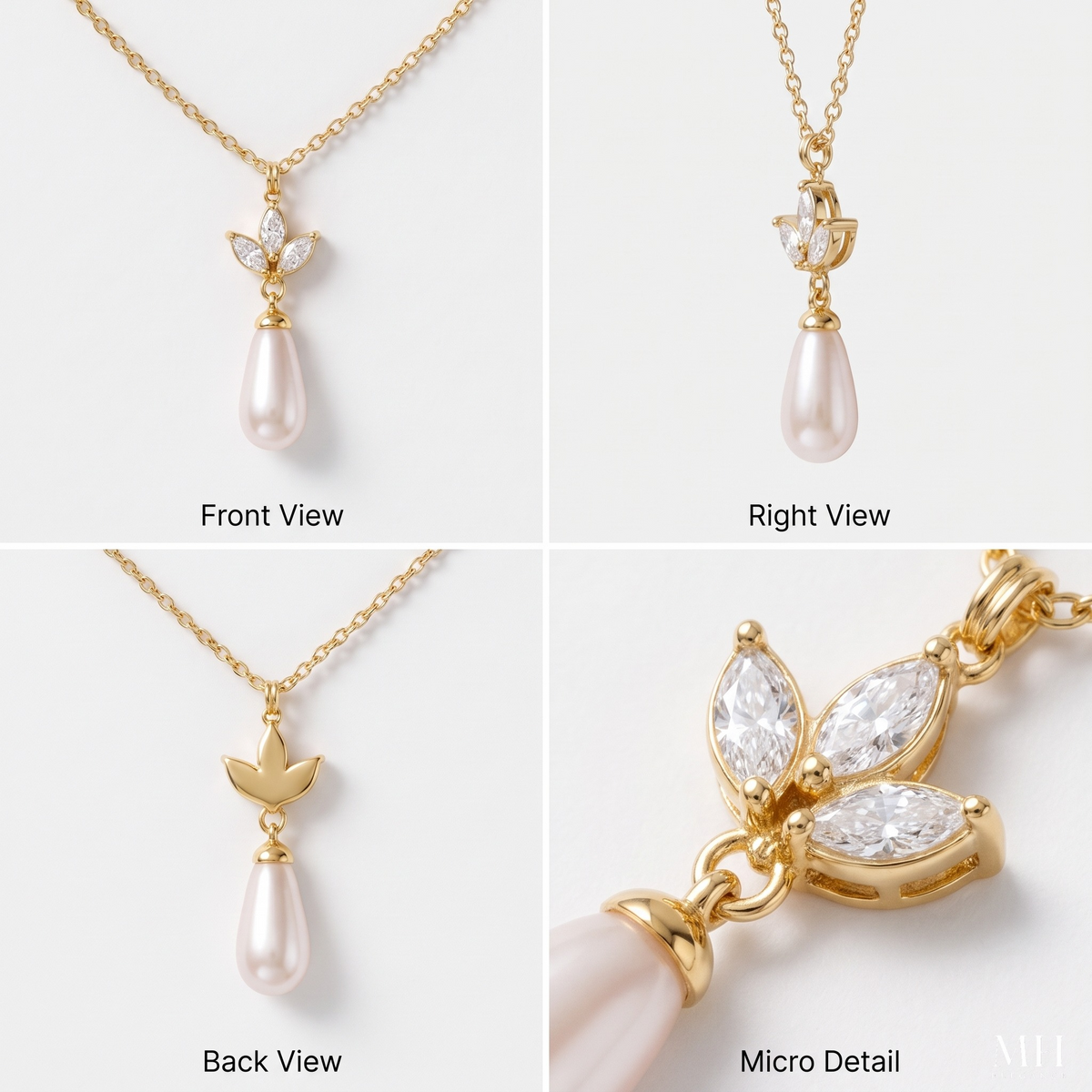 Leaf and Pearl Pendant Necklace | 14K Gold Plated Marquise CZ & Pearl – MH Elegance