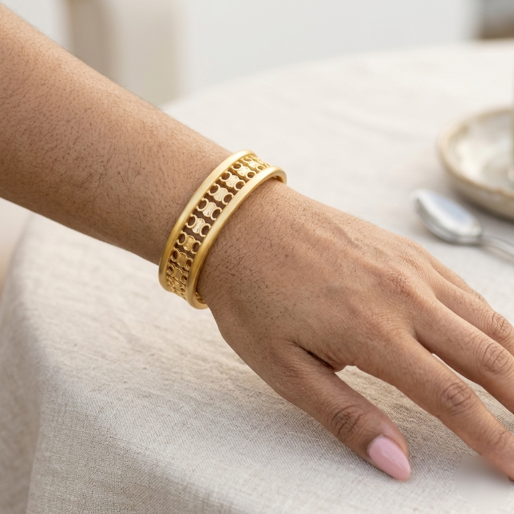Adjustable open gold cuff bracelet worn on a wrist at a table