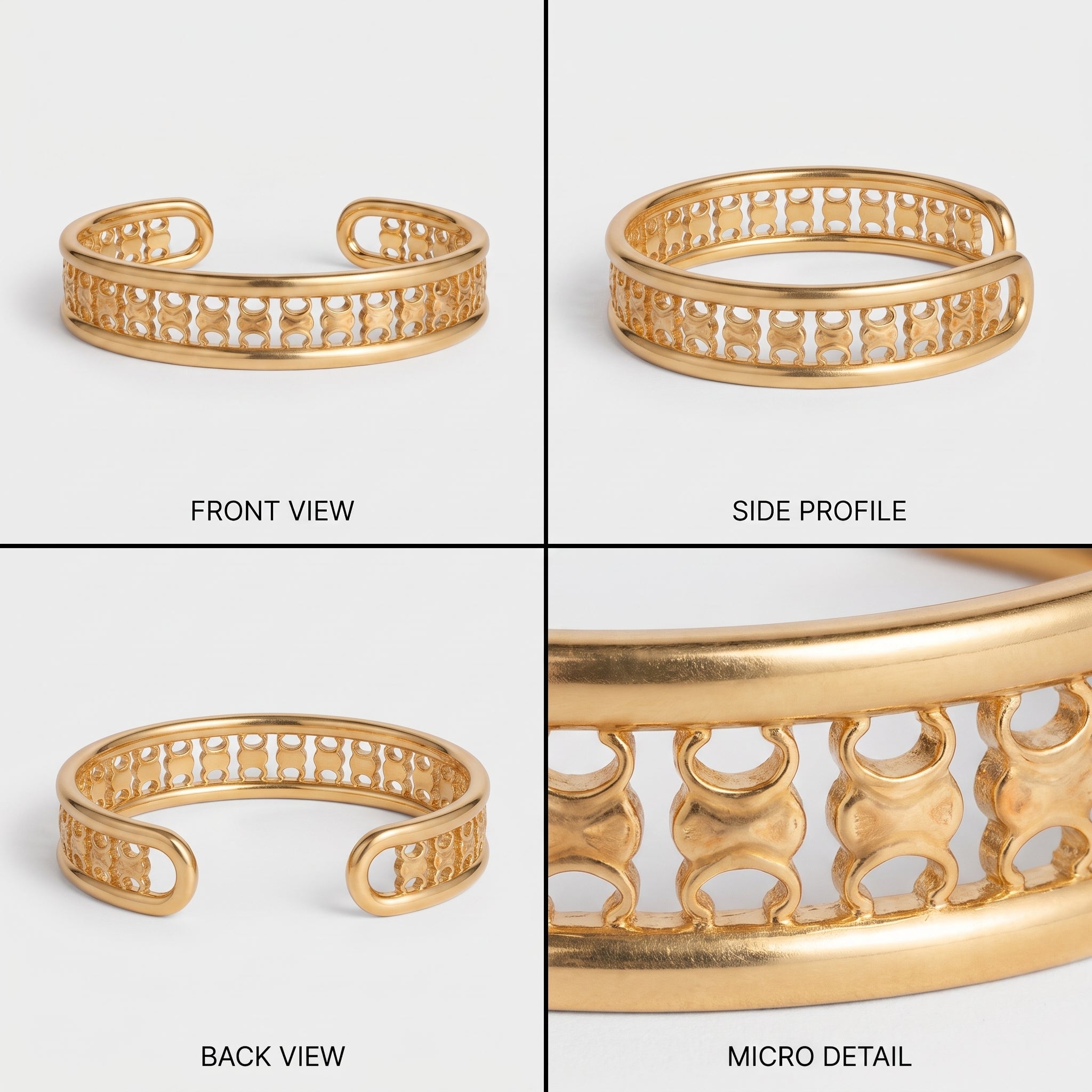 Front, side, back and close-up views of the gold openwork cuff bracelet
