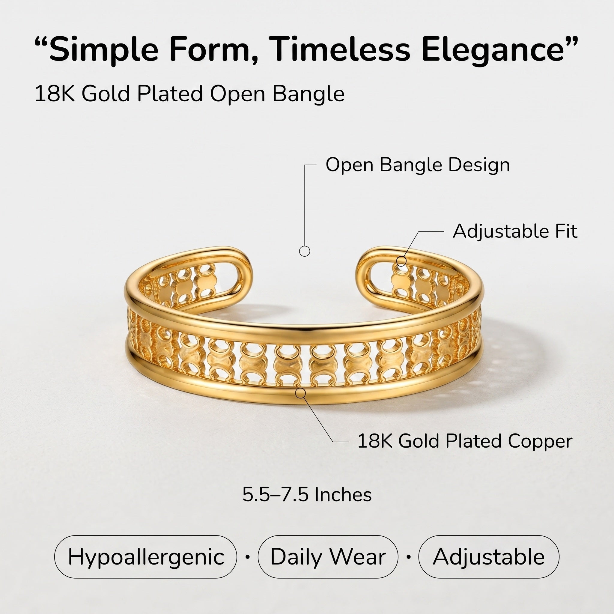 Diagram of the open bangle design, adjustable fit and 18K gold plated copper