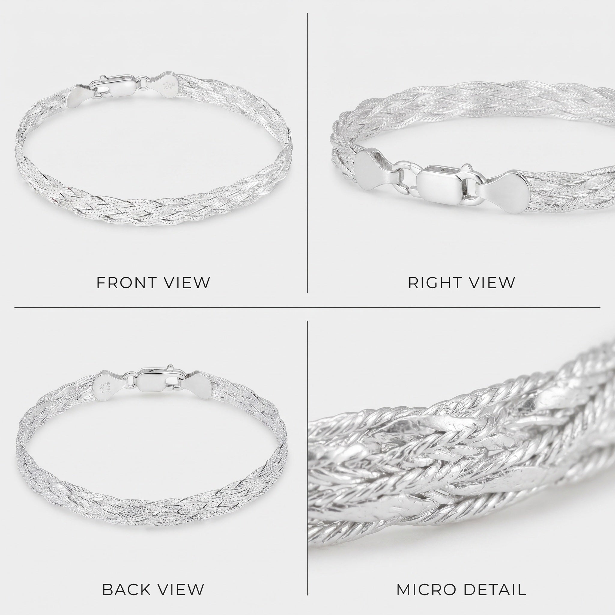Front, side, back and close-up views of the braided herringbone bracelet