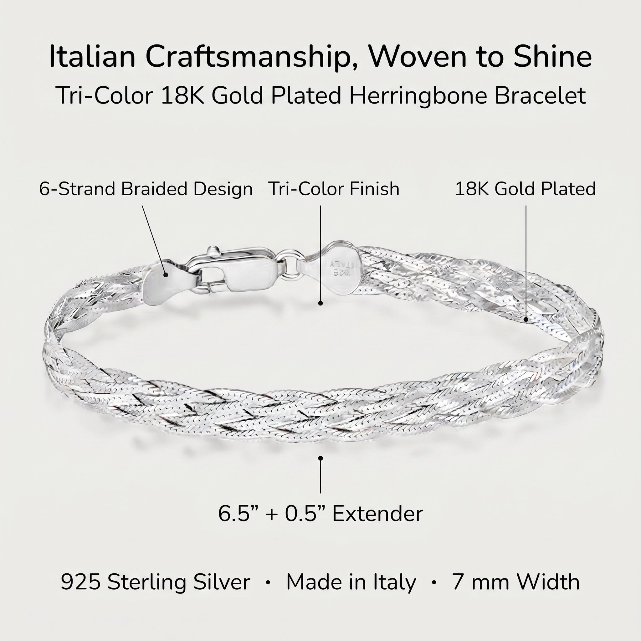 Diagram of the six strand braided design and 925 sterling silver bracelet